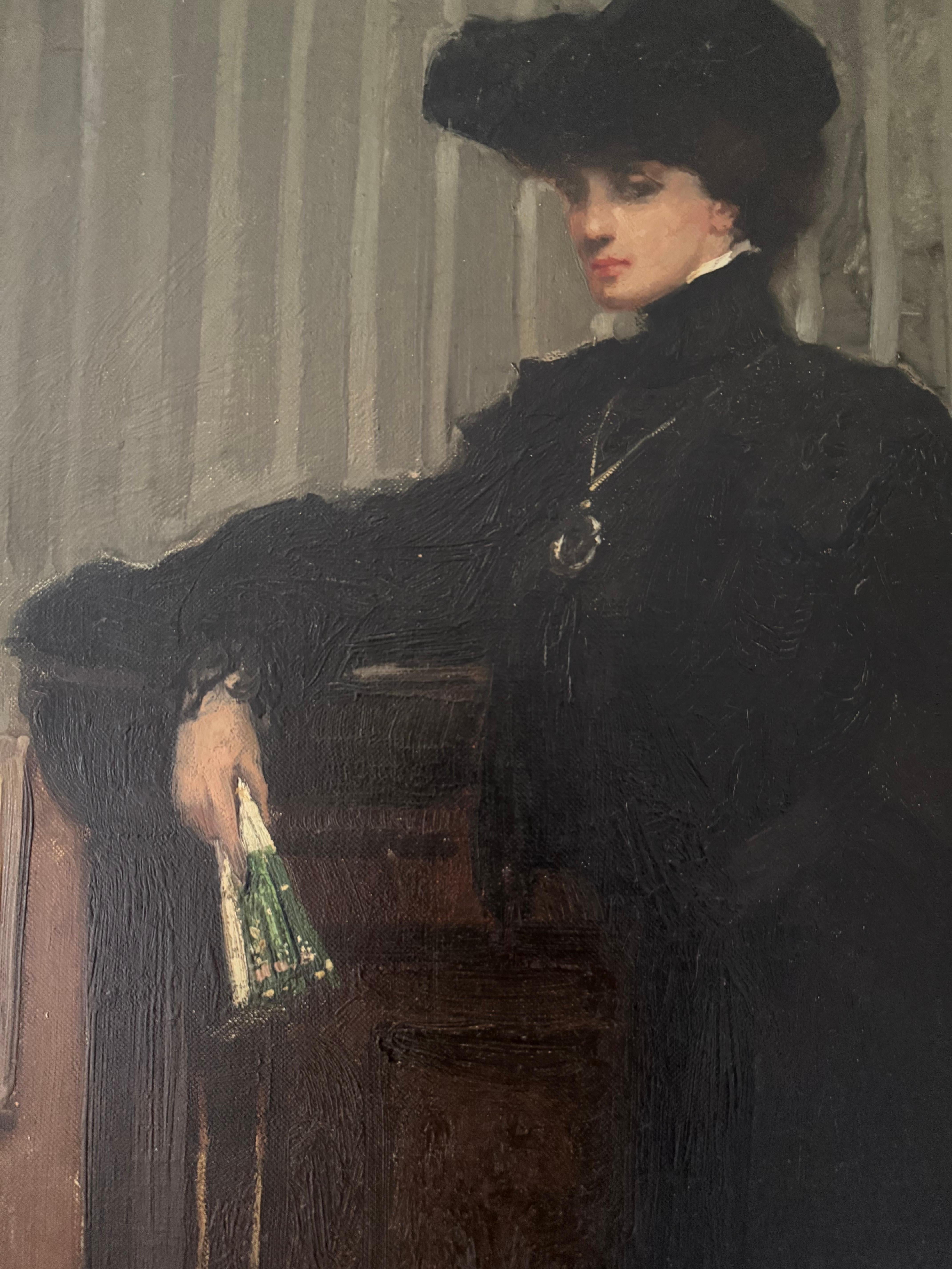 Antique Impressionist Portrait of a woman standing in the style of Edouard Manet - Painting by maurice wagemans