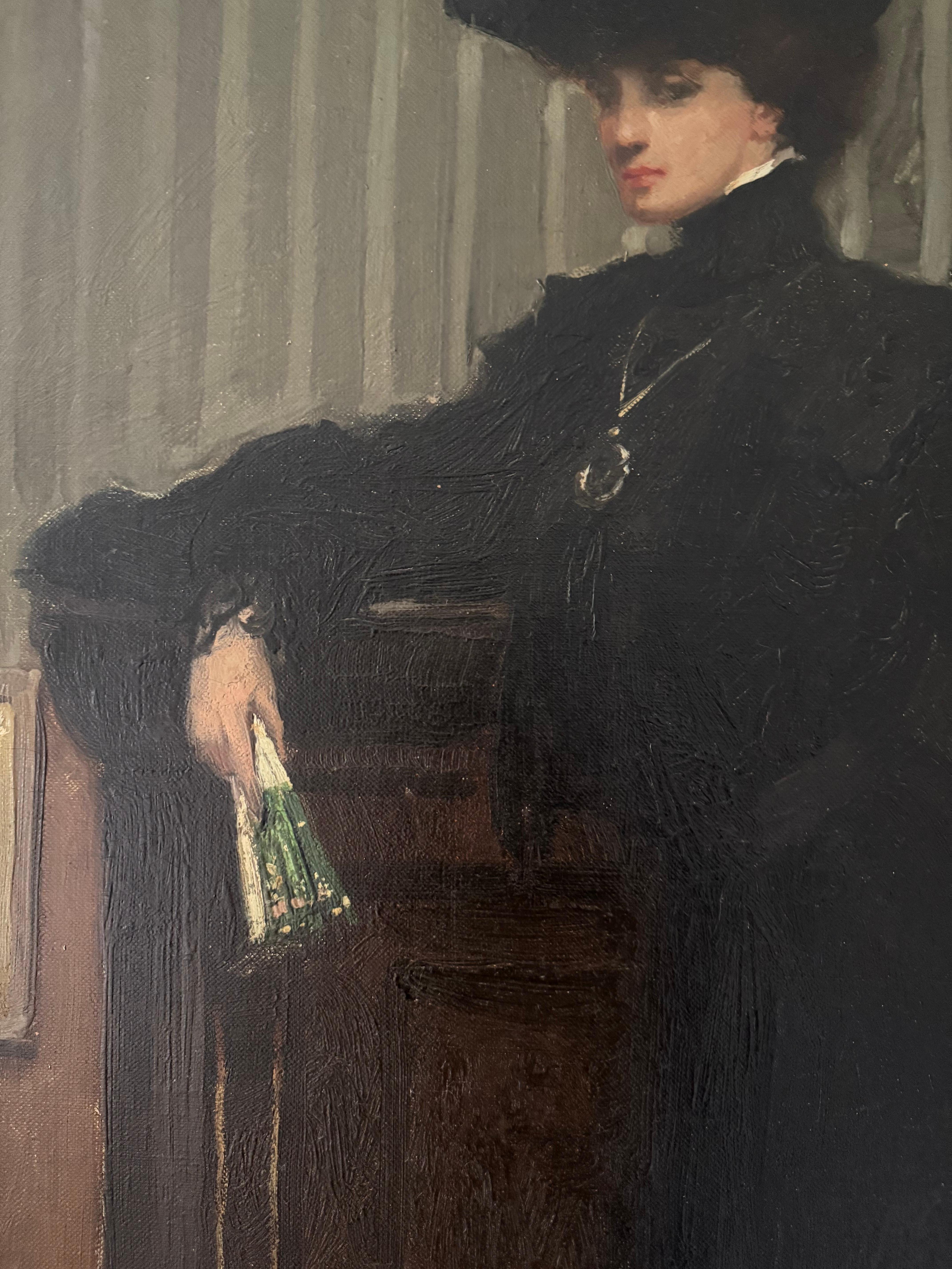 Antique Impressionist Portrait of a woman standing in the style of Edouard Manet - Black Figurative Painting by maurice wagemans