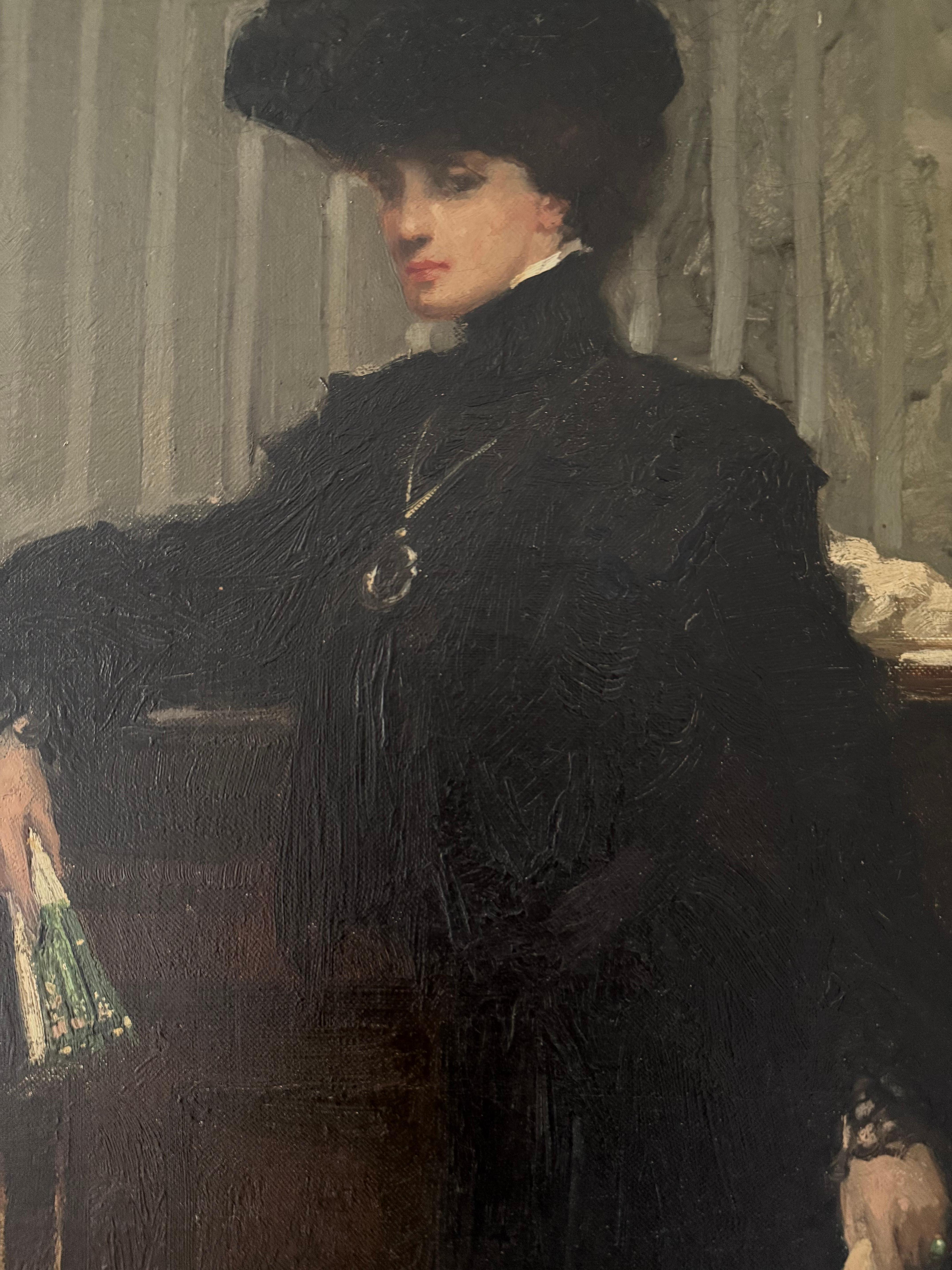 Atmospheric impressionist portrait of a woman standing by Maurice Wagemans.    This dark and moody, turn of the century old painting is by an artist who was influenced in Paris in his early career by some of the greats like Edouard Manet and Fantin