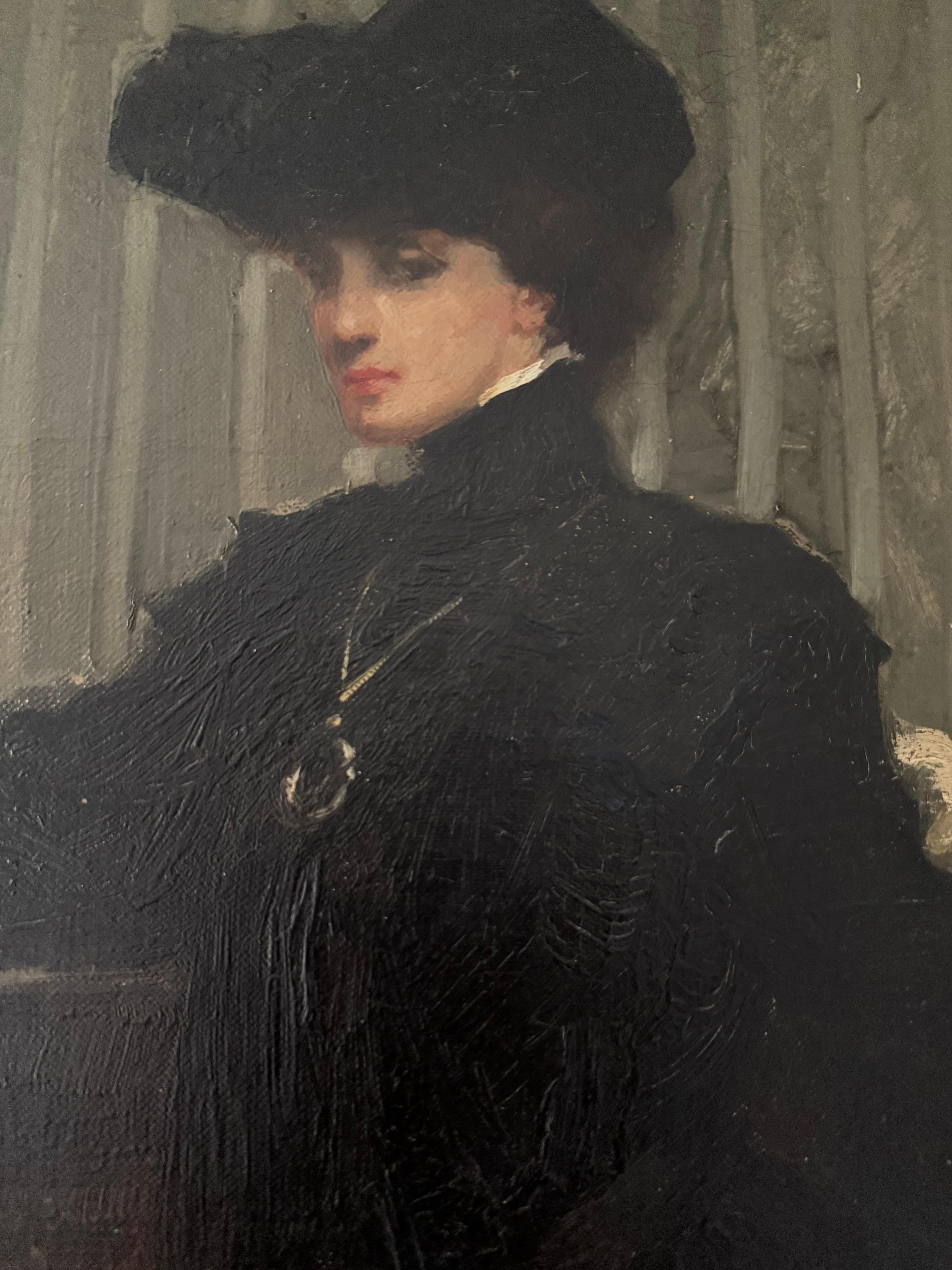 Antique Impressionist Portrait of a woman standing in the style of Edouard Manet For Sale 2