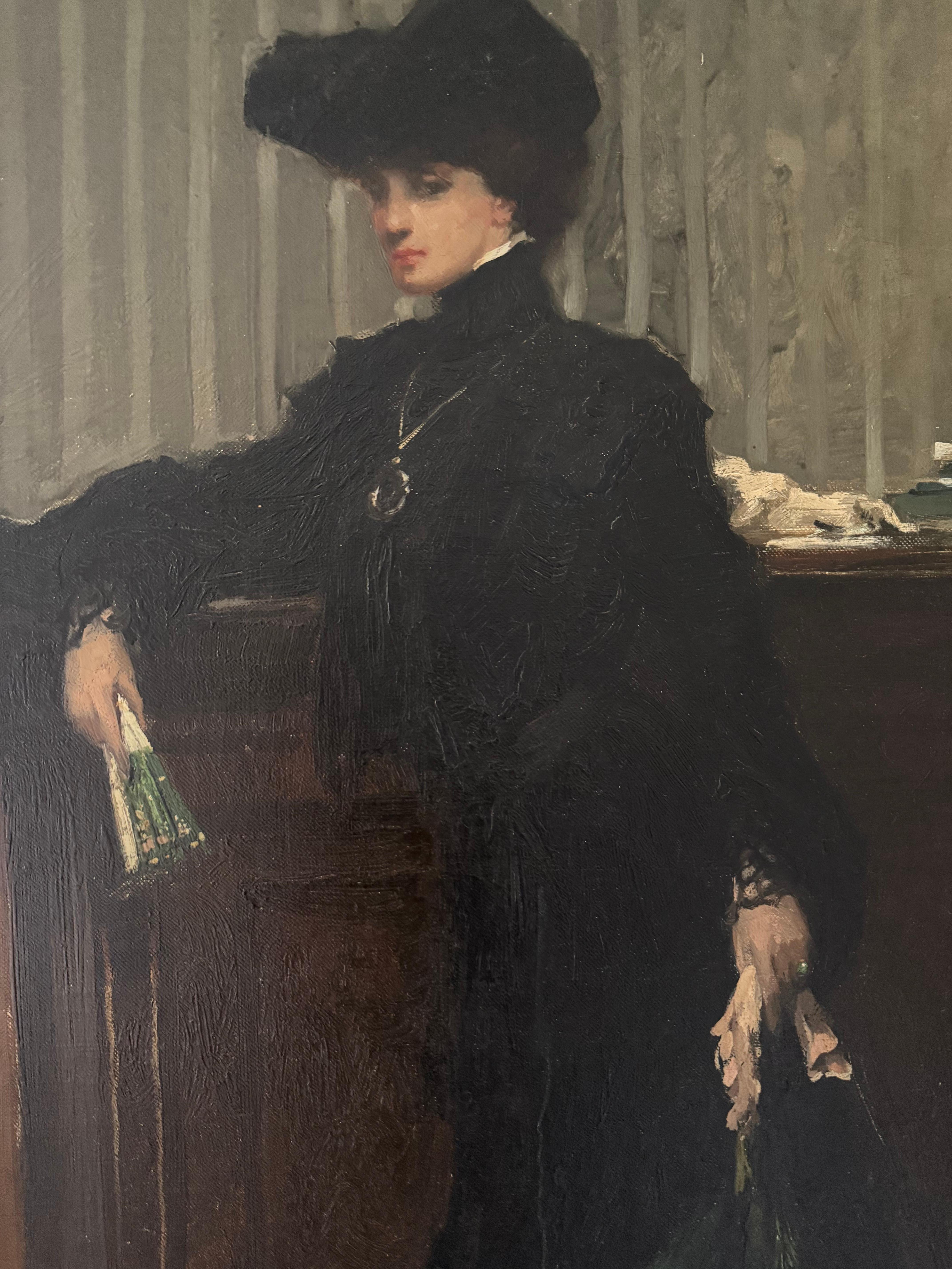 Antique Impressionist Portrait of a woman standing in the style of Edouard Manet For Sale 5
