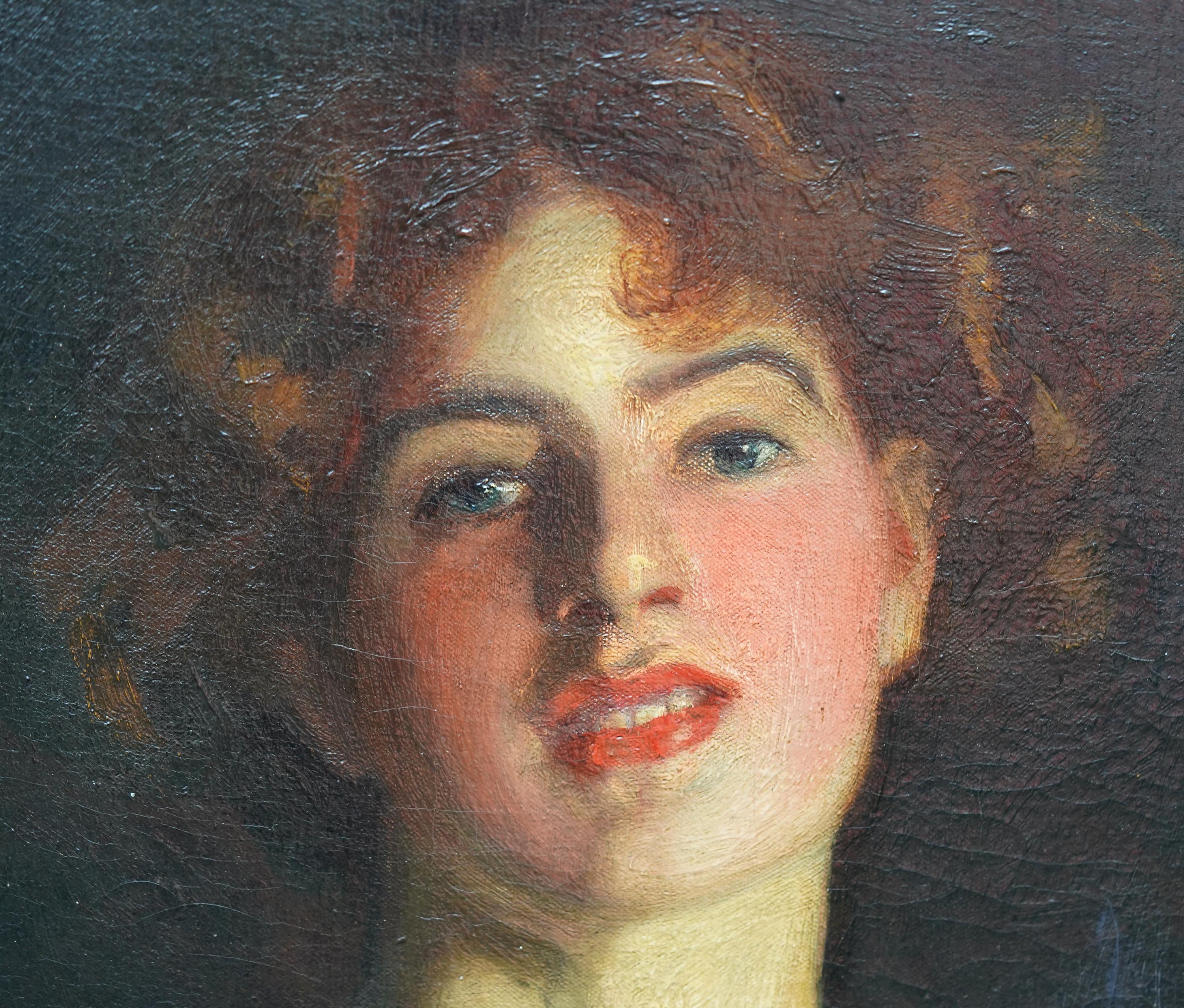 Dieses auffällige Ölgemälde mit ovalem Porträt aus der britischen Epoche stammt von dem bekannten Künstler Maurice Greiffenhagen. Um 1901 gemalt, handelt es sich bei der Dargestellten um Frau Bury Barry aus einer Familie des Landadels. Es handelt