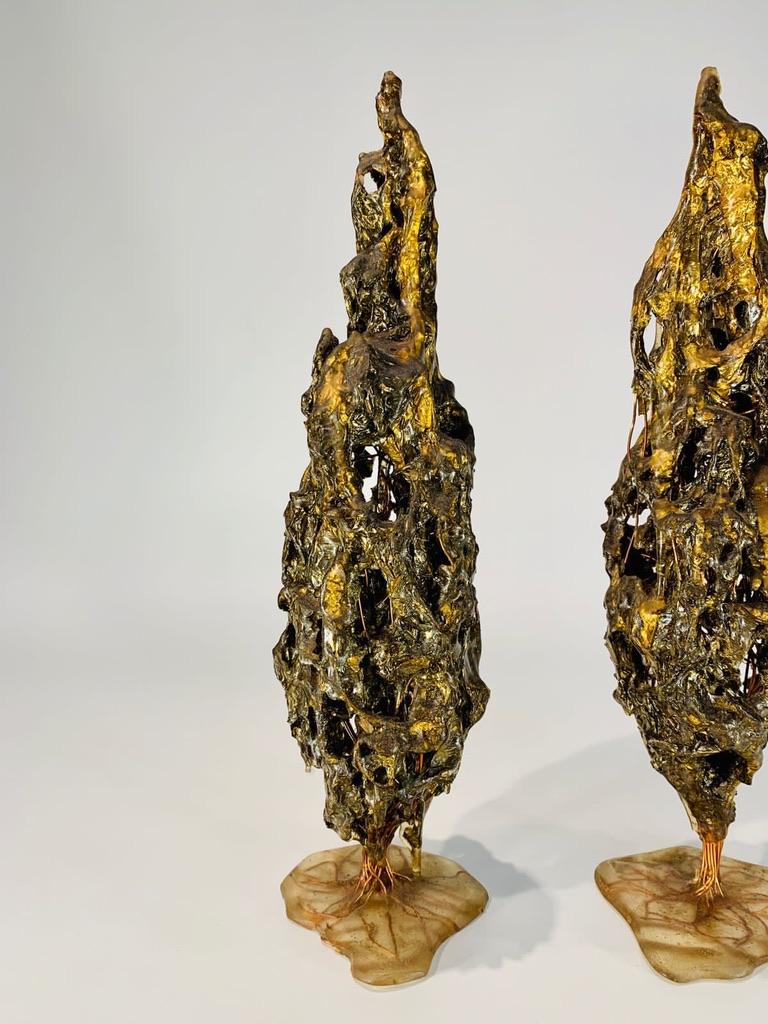 Modern Mauricio Bentes brazilian pair of trees in resin, gold and copper circa 1990 For Sale