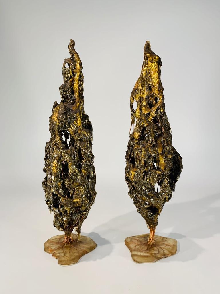 Brazilian Mauricio Bentes brazilian pair of trees in resin, gold and copper circa 1990 For Sale