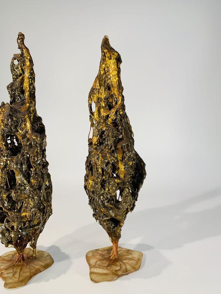 Late 20th Century Mauricio Bentes brazilian pair of trees in resin, gold and copper circa 1990 For Sale