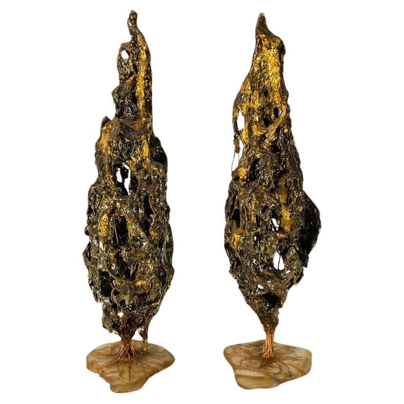Mauricio Bentes brazilian pair of trees in resin, gold and copper circa 1990 For Sale