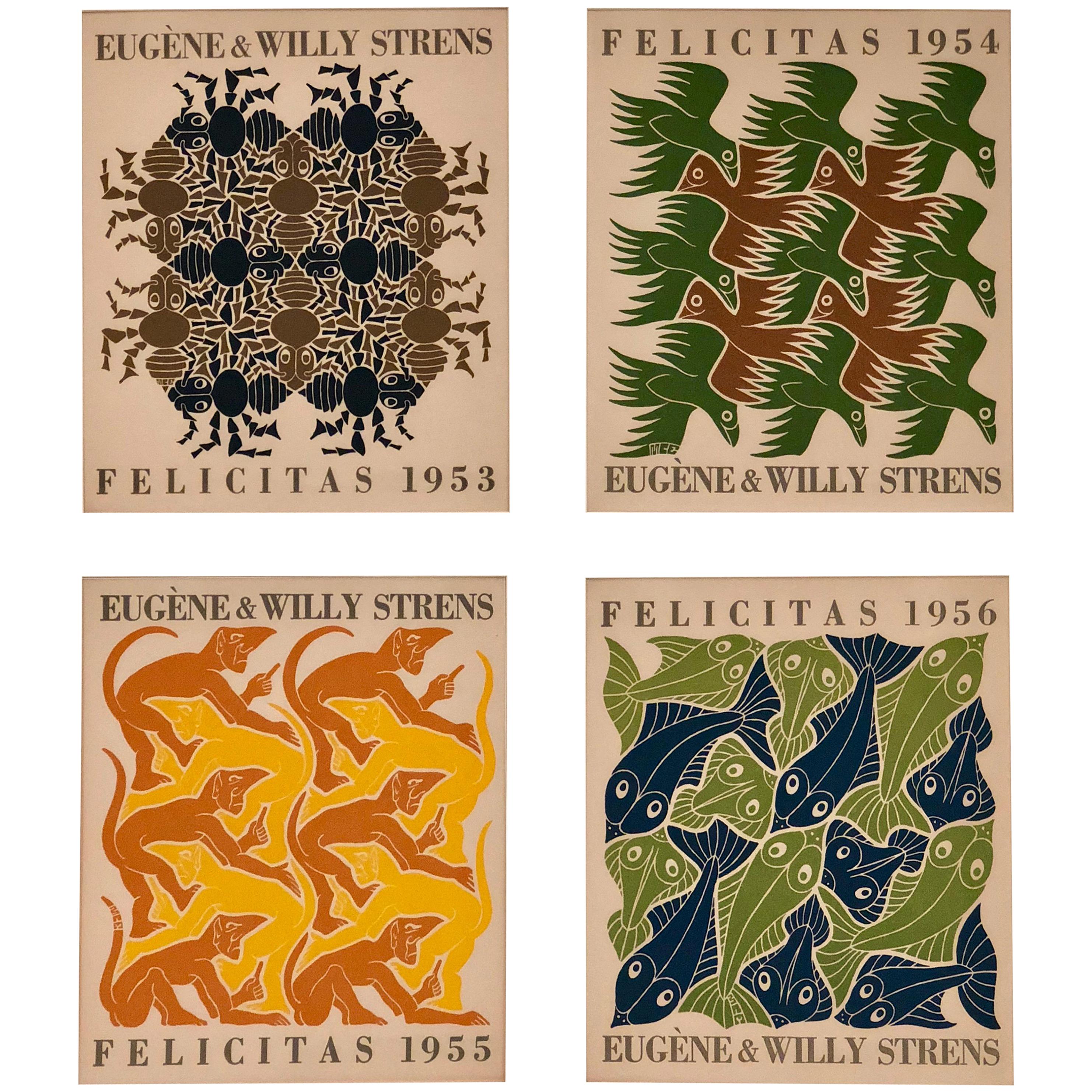 Maurits Cornelis Escher Four Elements Woodcut Rare Set of Four Cards