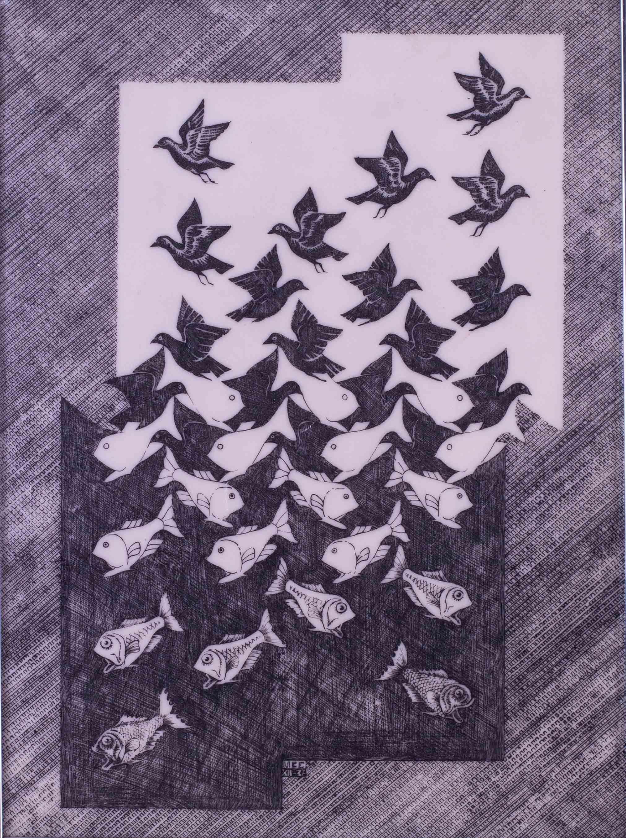 Nach Maurits Cornelis Escher (Niederländer, 1898-1972)
Himmel und Wasser II
Bedrucktes Vinyl
Eine Kopie des Originals von 1938 aus den 1960er Jahren
21 x 17 Zoll (53,5 x 43 cm) bis zum äußeren Rahmenrand
