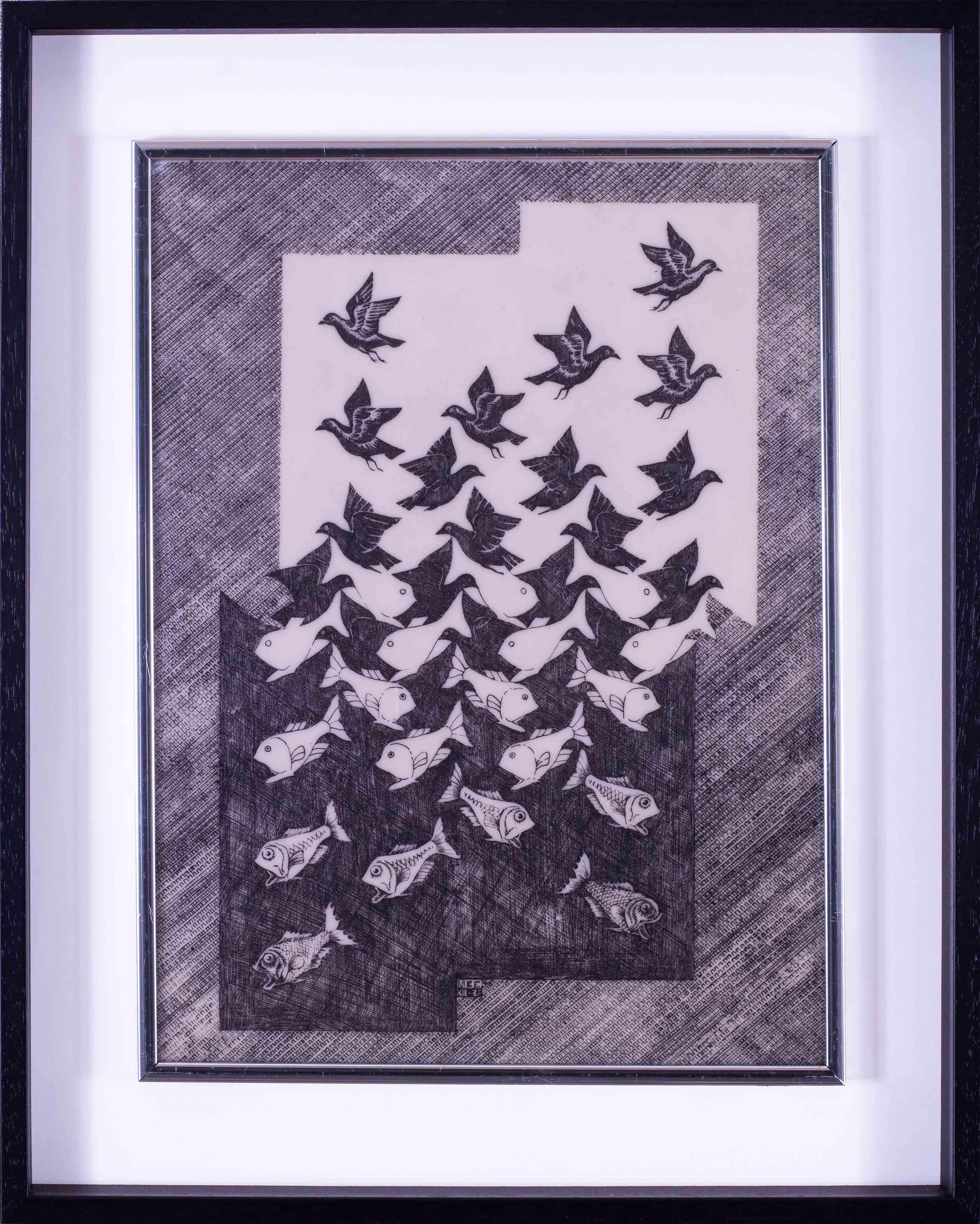 D'après Maurits Cornelis Escher (néerlandais, 1898-1972)
Ciel et eau II
Vinyle imprimé
Une copie des années 1960 de l'original de 1938
21 x 17 in. (53.5 x 43 cm.) au bord extérieur du cadre
