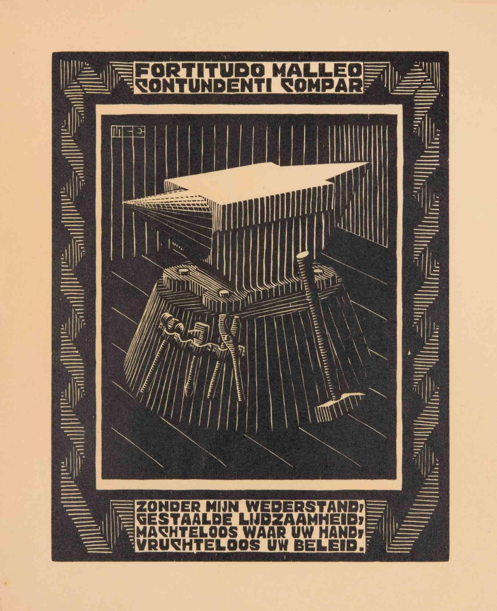 Woodcut print realized by Escher for the series "Emblemata", and published in 1931.

On Hollande van Gelder paper.

Edition of 300.

Unsigned, as issued. Excellent condition, matted.

In this work, Escher realized 24 woodcuts depicting as many