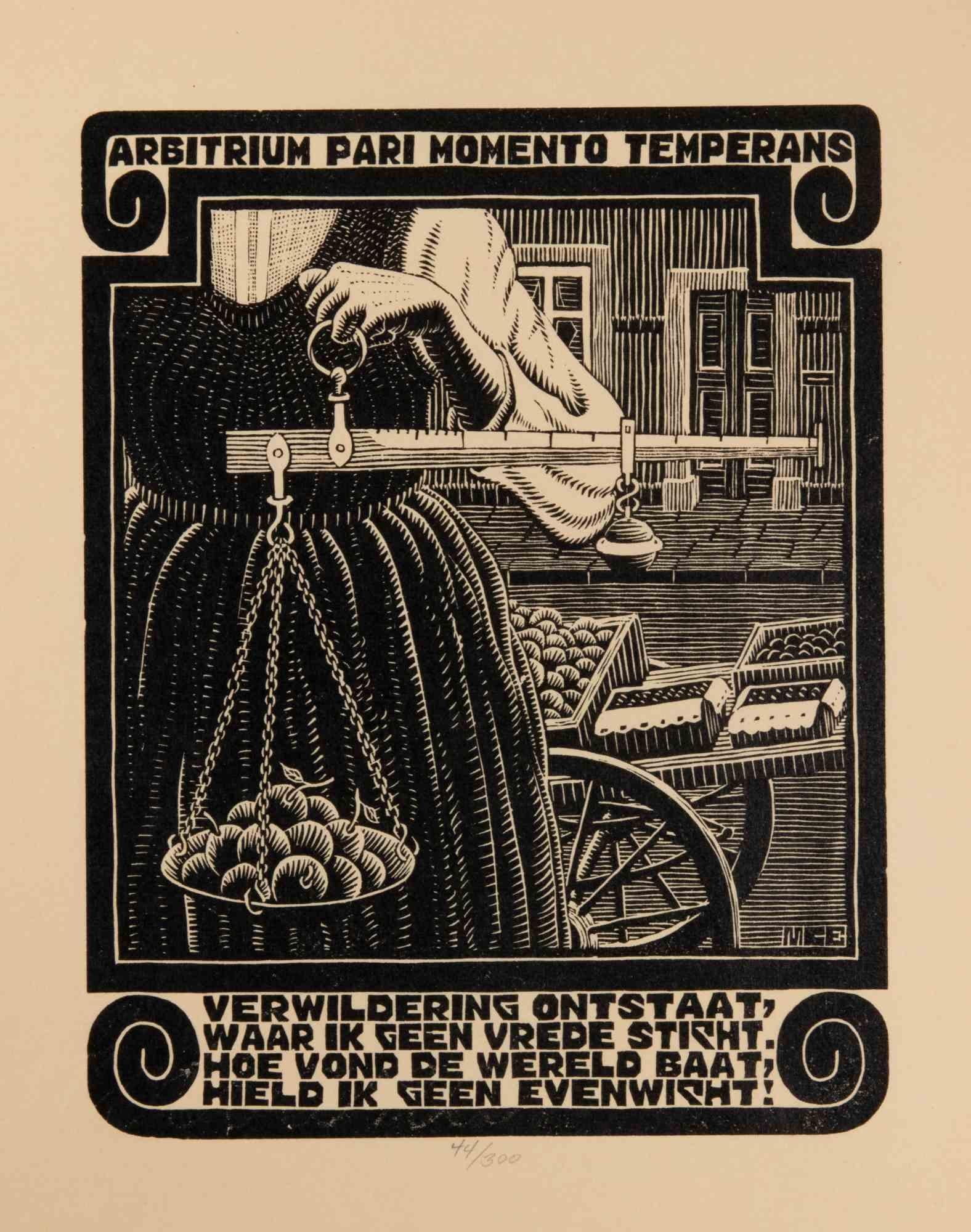 Woodcut print realized by Escher for the series "Emblemata", and published in 1931.

On Hollande van Gelder paper.

Edition of 300.

Unsigned, as issued. Excellent condition, matted.

In this work, Escher realized 24 woodcuts depicting as many