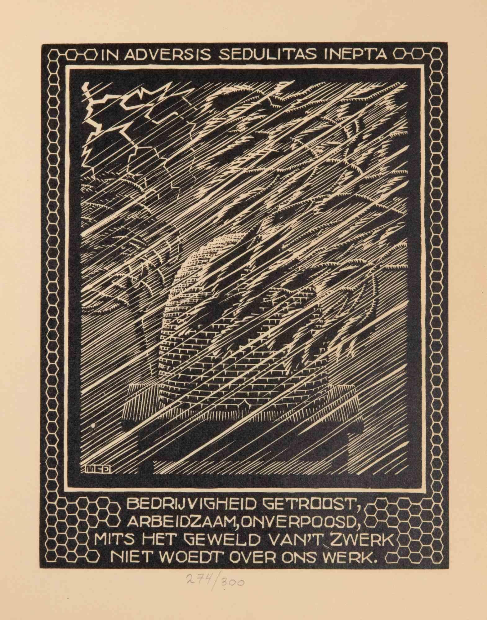 Woodcut print realized by Escher for the series "Emblemata", and published in 1931.

On Hollande van Gelder paper.

Edition of 300.

Unsigned, as issued. Excellent condition, matted.

In this work, Escher realized 24 woodcuts depicting as many
