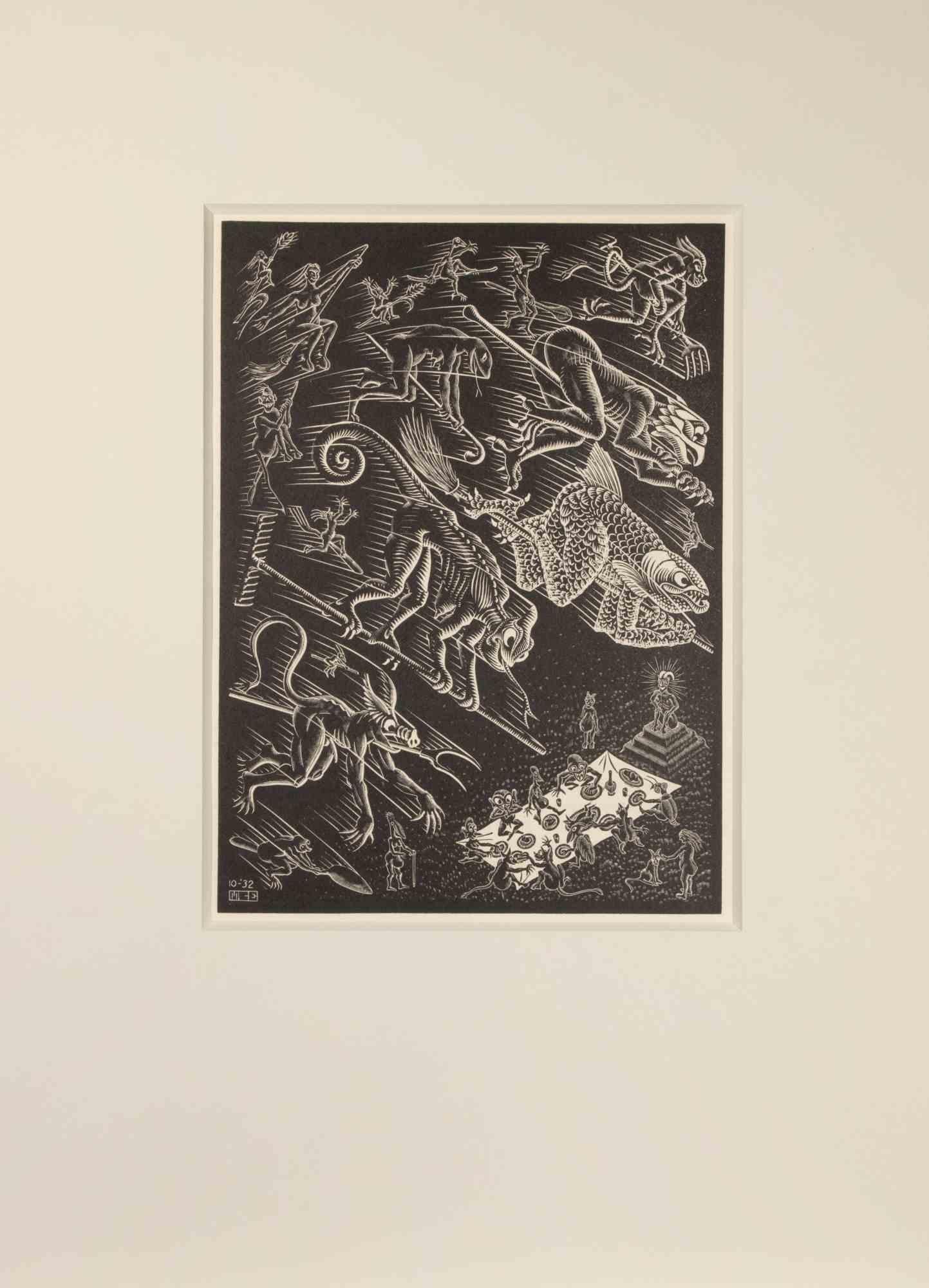 Flying Demons – Holzschnitt von Maurits Cornelis Escher – 1932 im Angebot 1