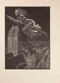 Flying Witch - Woodcut by Maurits Cornelis Escher - 1932