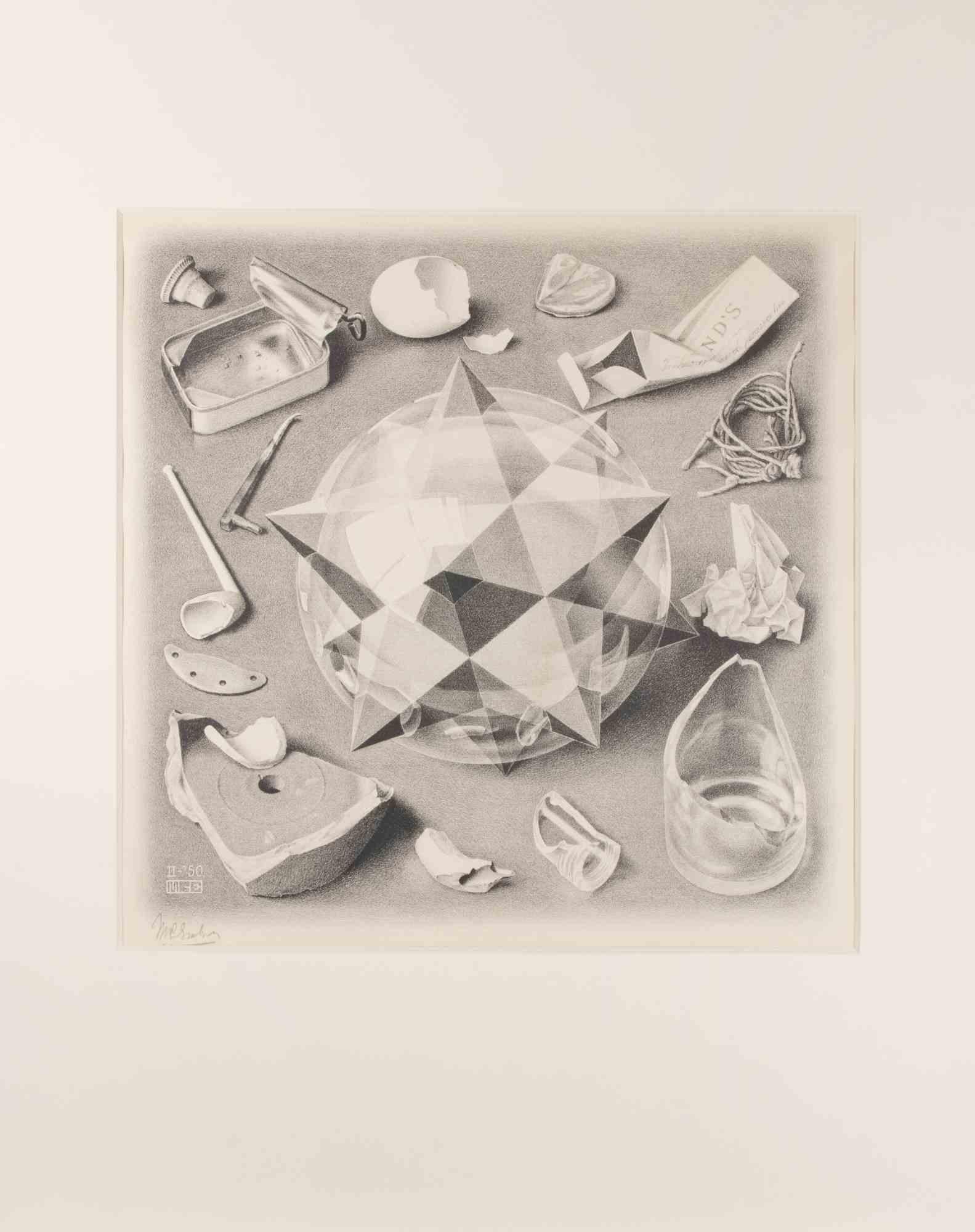 Lithograph on smooth wove paper, 1950.

Hand signed lower left.

Very good condition.

Realized in February 1950, this work is self-explanatory: in the center we find a transparent dodecahedron merged with a glass sphere. symbol of order; all around