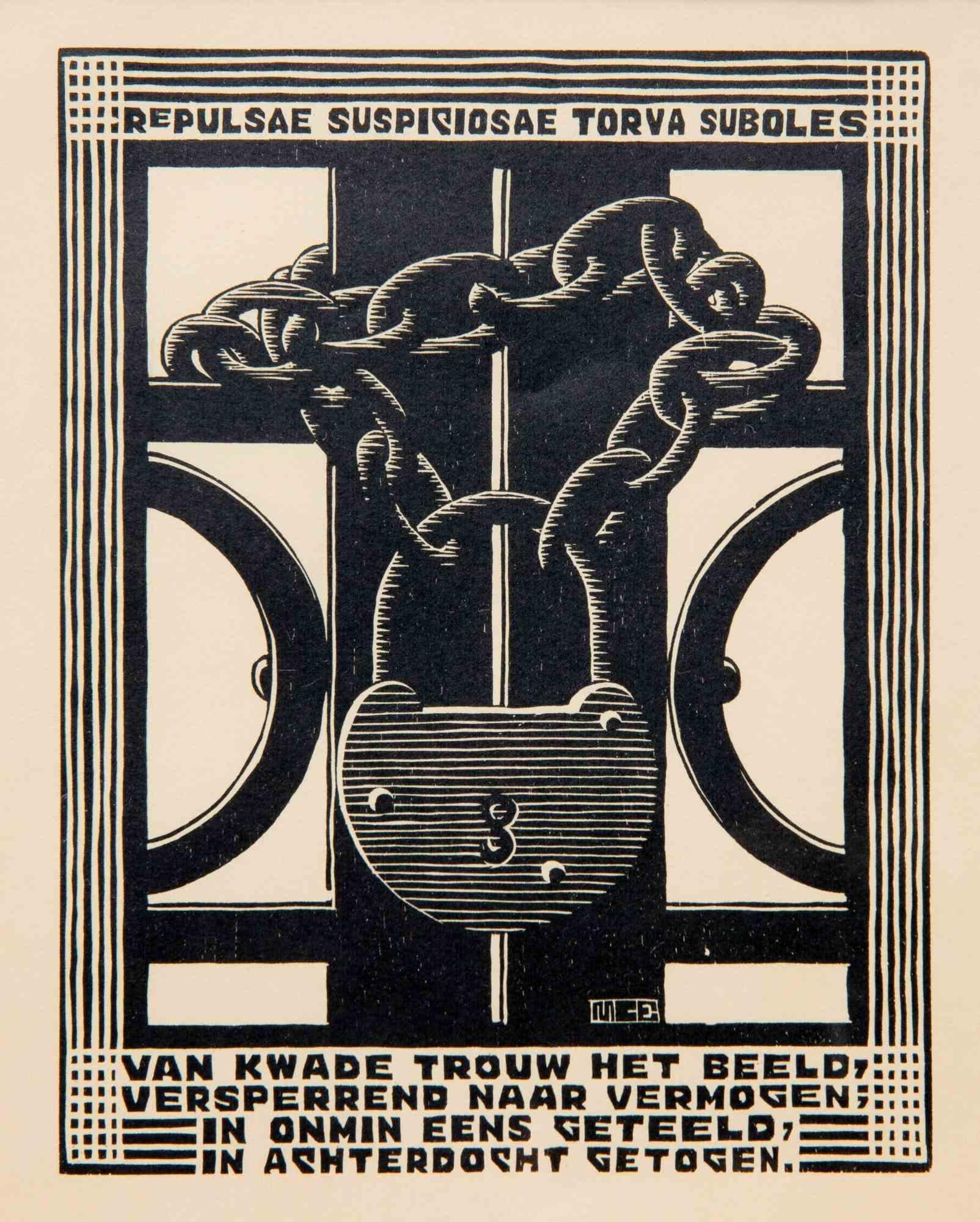 Holzschnitt von Escher aus dem Jahr 1931.

Es gehört zu der Serie "Emblemata".

Signiert mit Initialen in der Platte unten in der Mitte.

Referenz -F.H. Bool, J.R. Kist, J.L. Locher und F. Wierda, 'M.C. Escher: His life and complete graphic work',