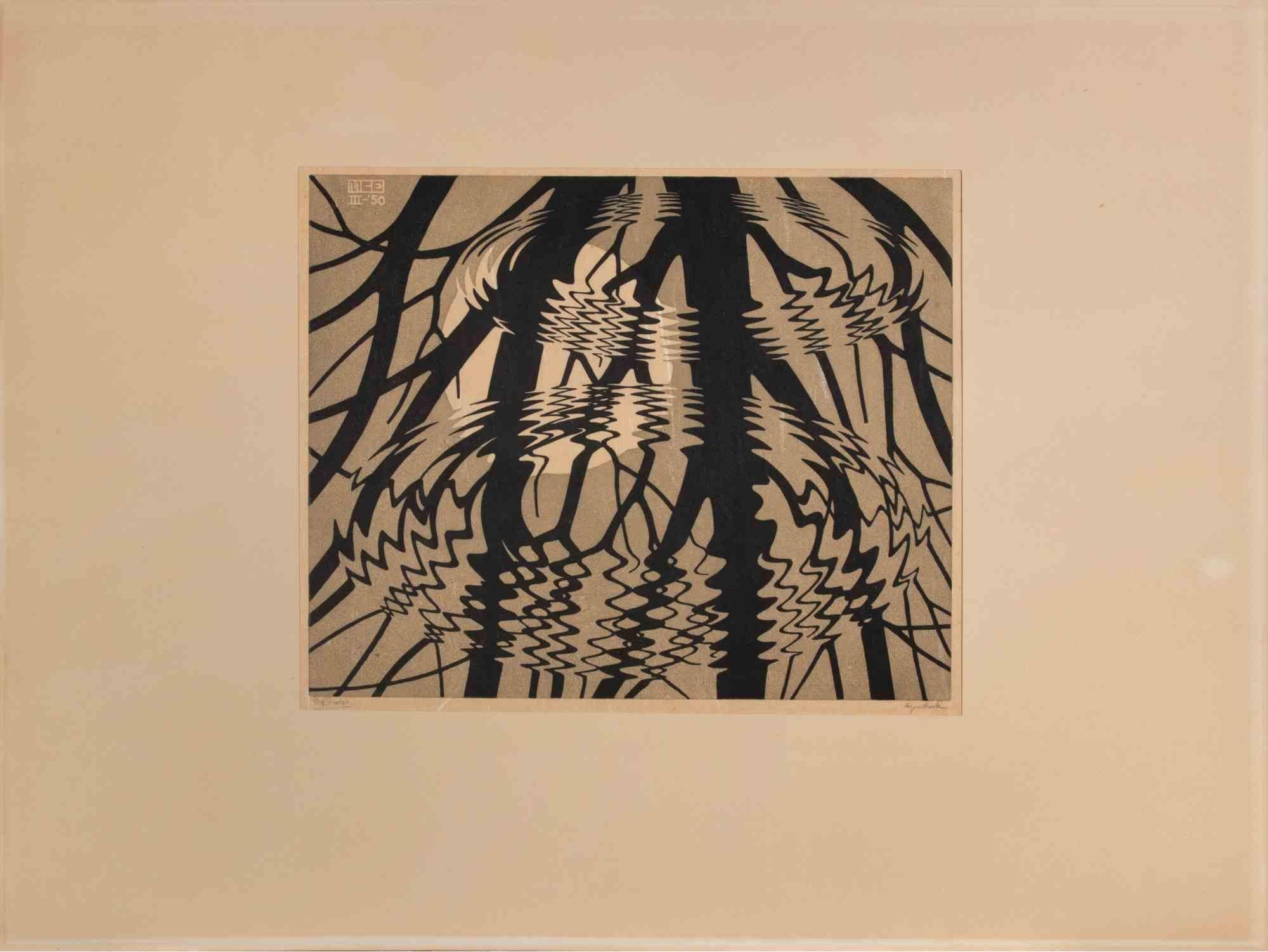 Linocut realized by Escher in March 1950.

Released through linoleum cut in black and gray-brown on Japan paper, and printed from two blocks.

Hand signed lower left, marked "eigen druk" (self-printed) in pencil lower right.

An icon work by Escher,