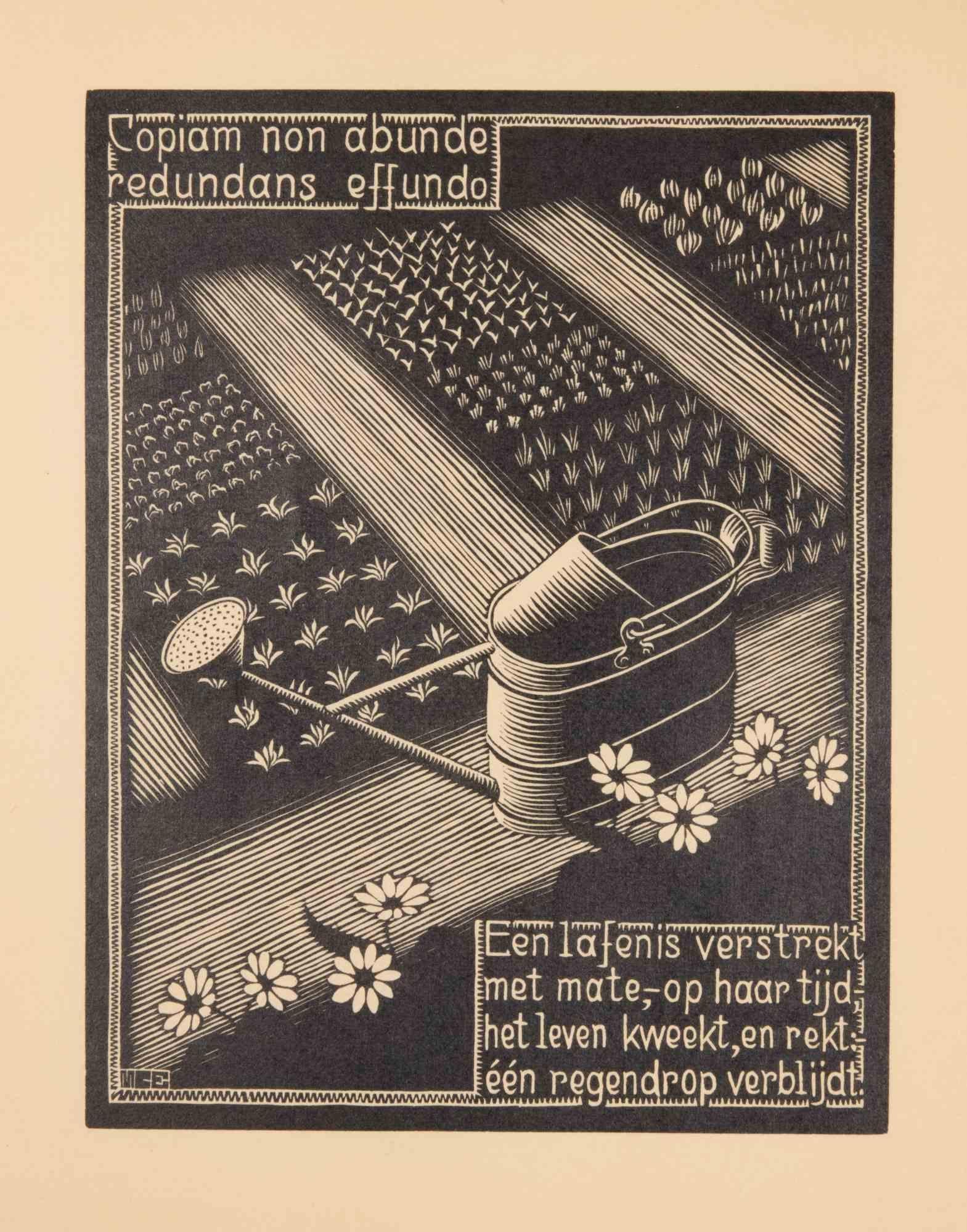 Woodcut print realized by Escher for the series "Emblemata", and published in 1931.

On Hollande van Gelder paper.

Edition of 300.

Unsigned, as issued. Excellent condition, matted.

In this work, Escher realized 24 woodcuts depicting as many