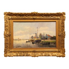 Late 19th C. Dutch Impressionist Landscape Oil Painting of Sailboats at a Dock