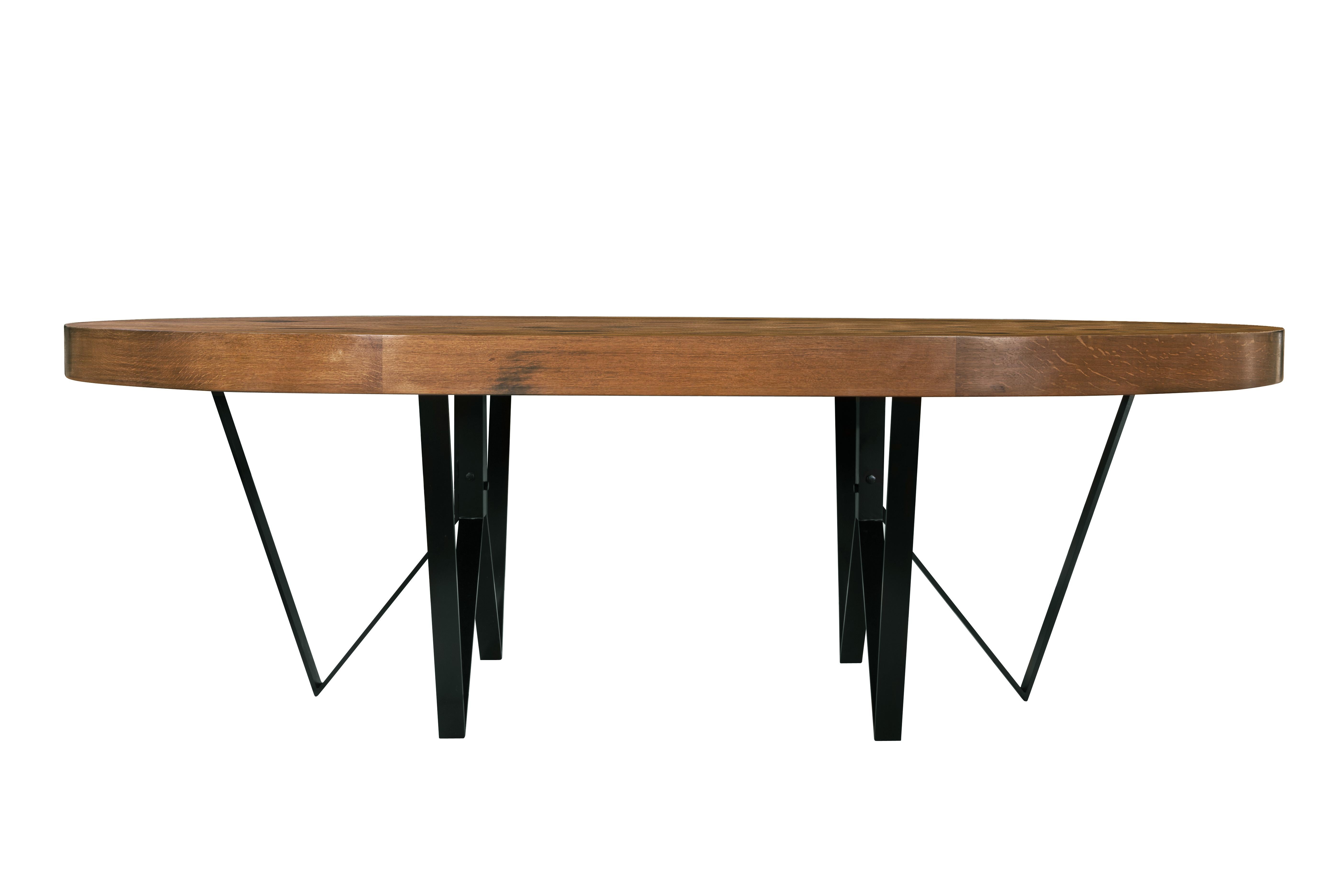Maurits Reclaimed Oak Oval Dining Table by Fred and Juul
Dimensions: D 160 x W 295 x H 78 cm.
Materials: Reclaimed oak and black metal.

Available in round or stadium shape. Also available in different materials. Custom sizes, materials or finishes