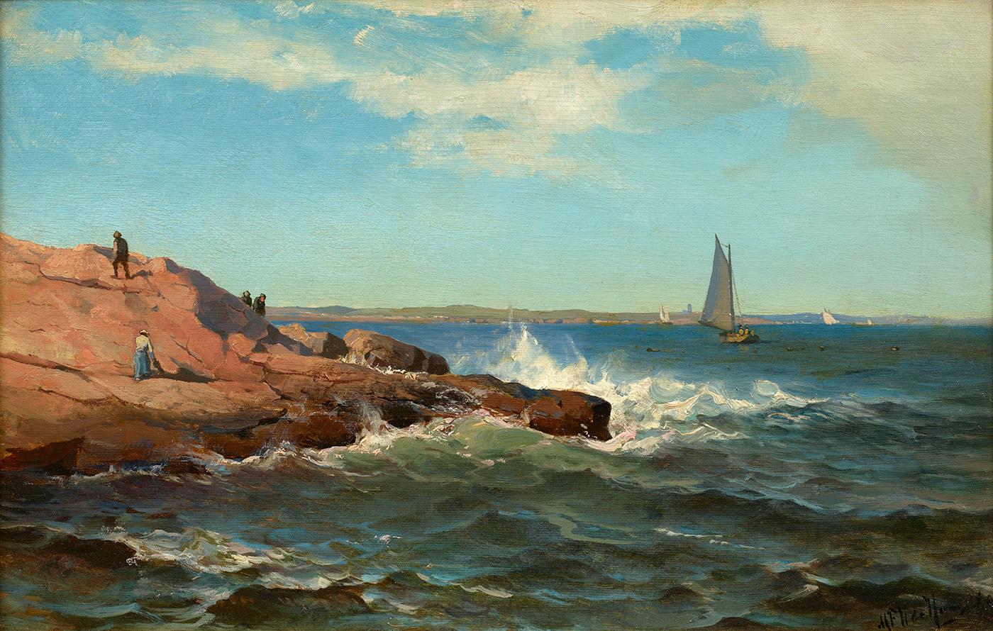 Mauritz Frederick Hendrick de Haas Landscape Painting - Figures Along the Coast with Sailboats 