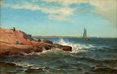 Antique Figures Along the Coast with Sailboats 