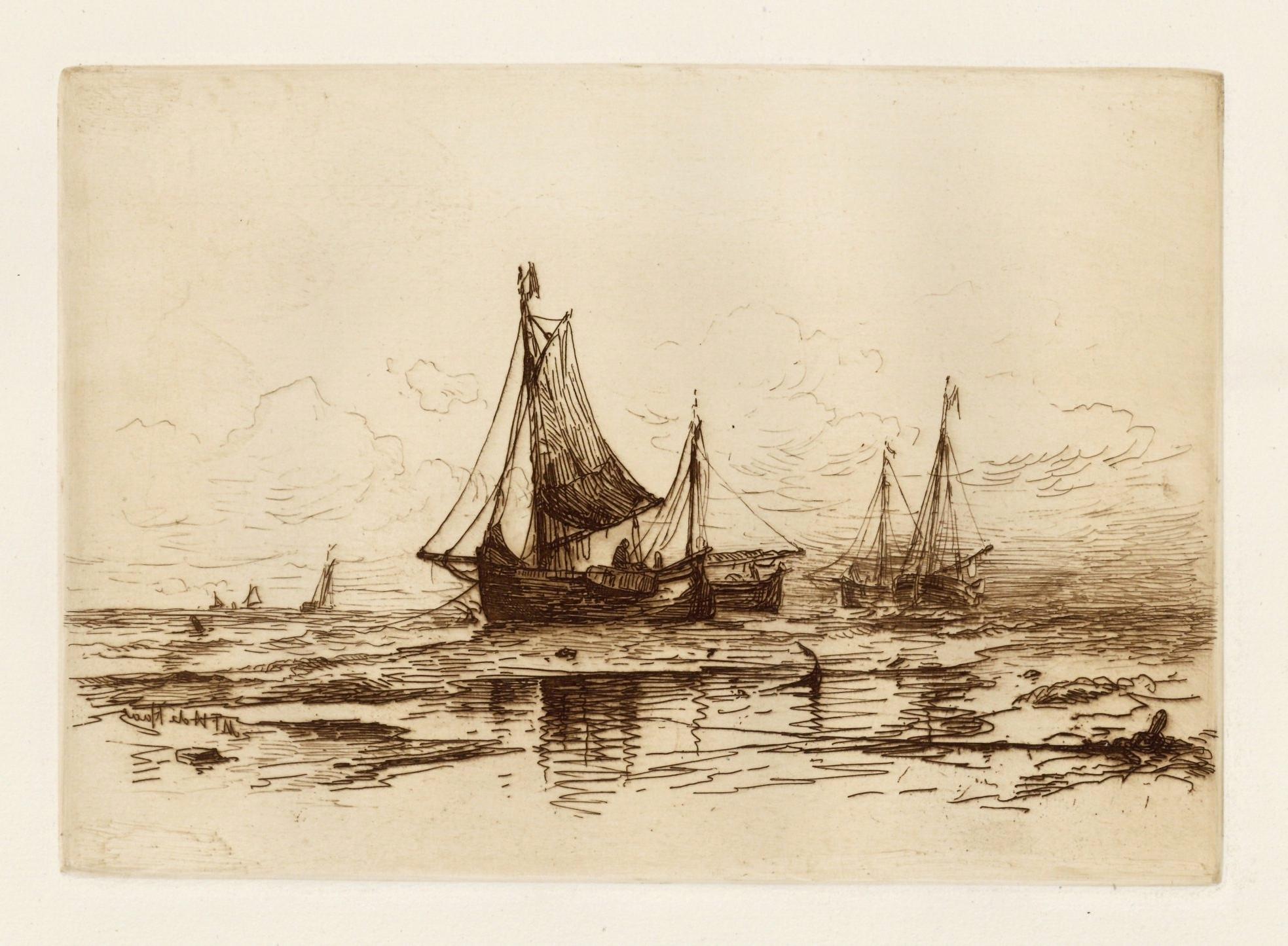 Mauritz Frederick Hendrick de Haas Portrait Print - "Fishing Boats on the Beach at Scheveningen" original etching