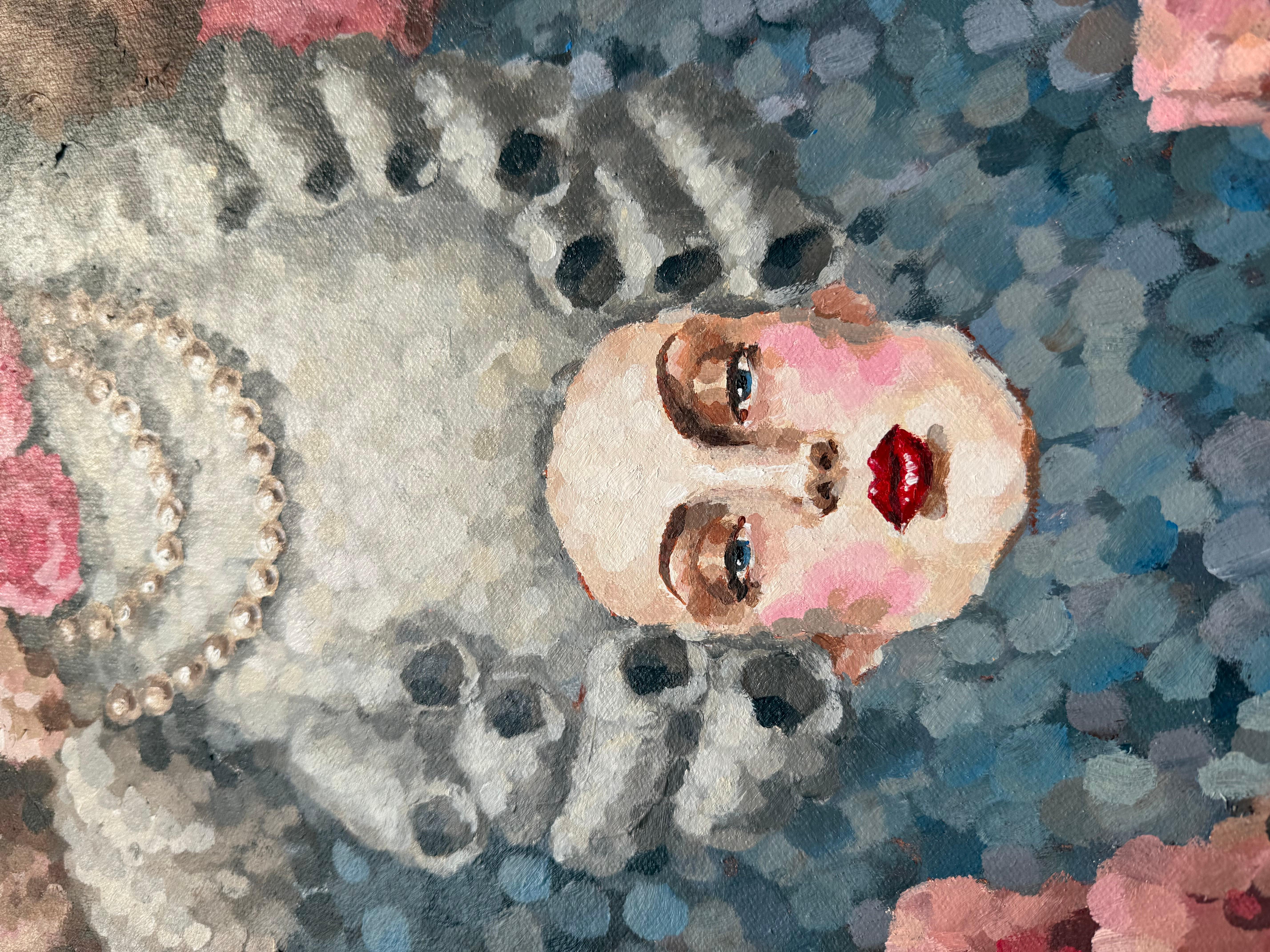 Marie Antoinette in this delightfully excessive painting captures the spirit of luxury and overindulgence with a humorous twist. The iconic queen, Marie Antoinette is adorned in a stunning pink gown crafted from roses and ribbons, embodying the