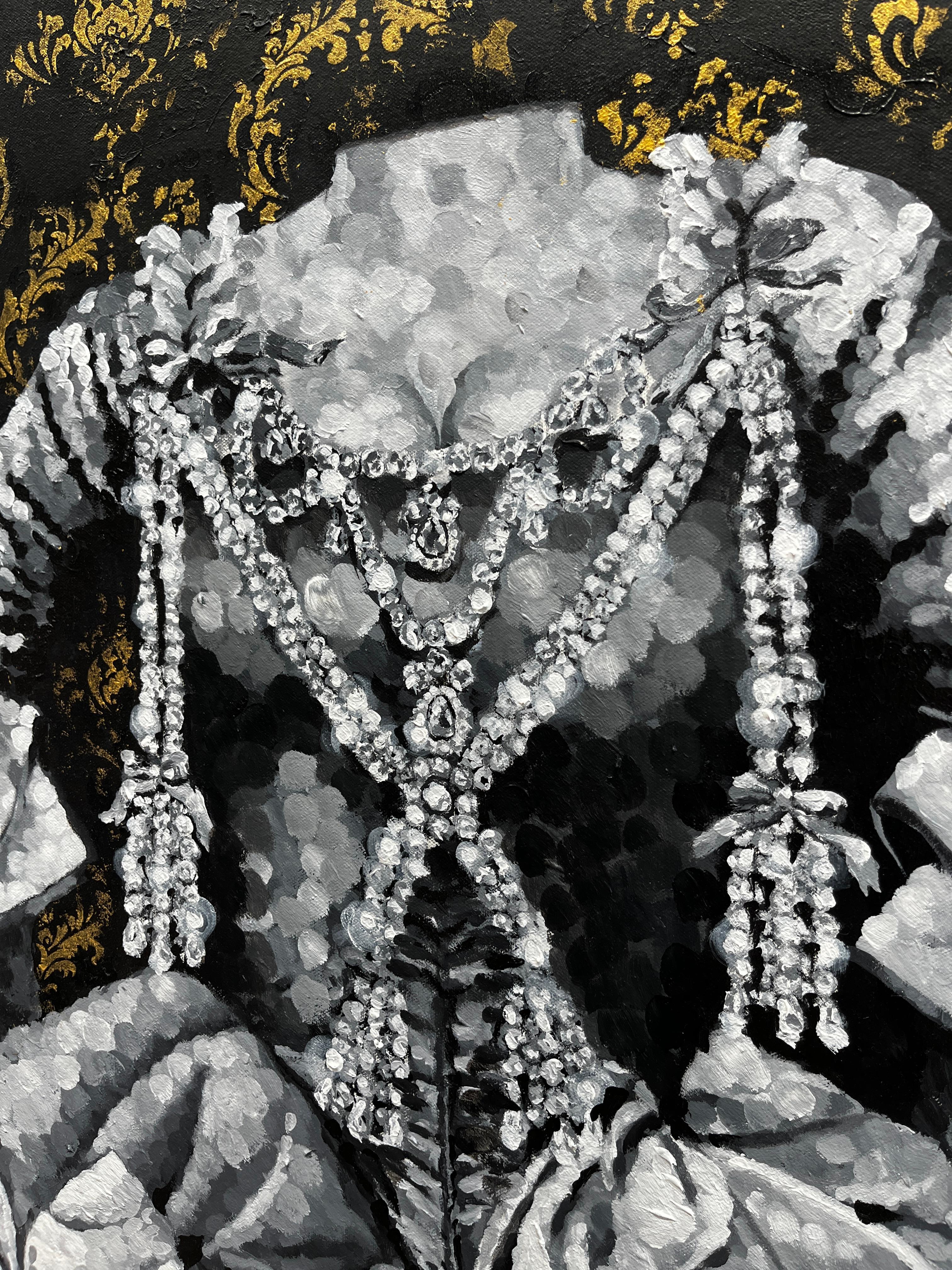 A large-scale black, white and gold regency era-inspired pointillism figurative painting of Marie Antoinette by artist Mauricio Battifora 

ABOUT THE WORK - In plain black and white; the big hair we know her for is on full display. The over-the-top