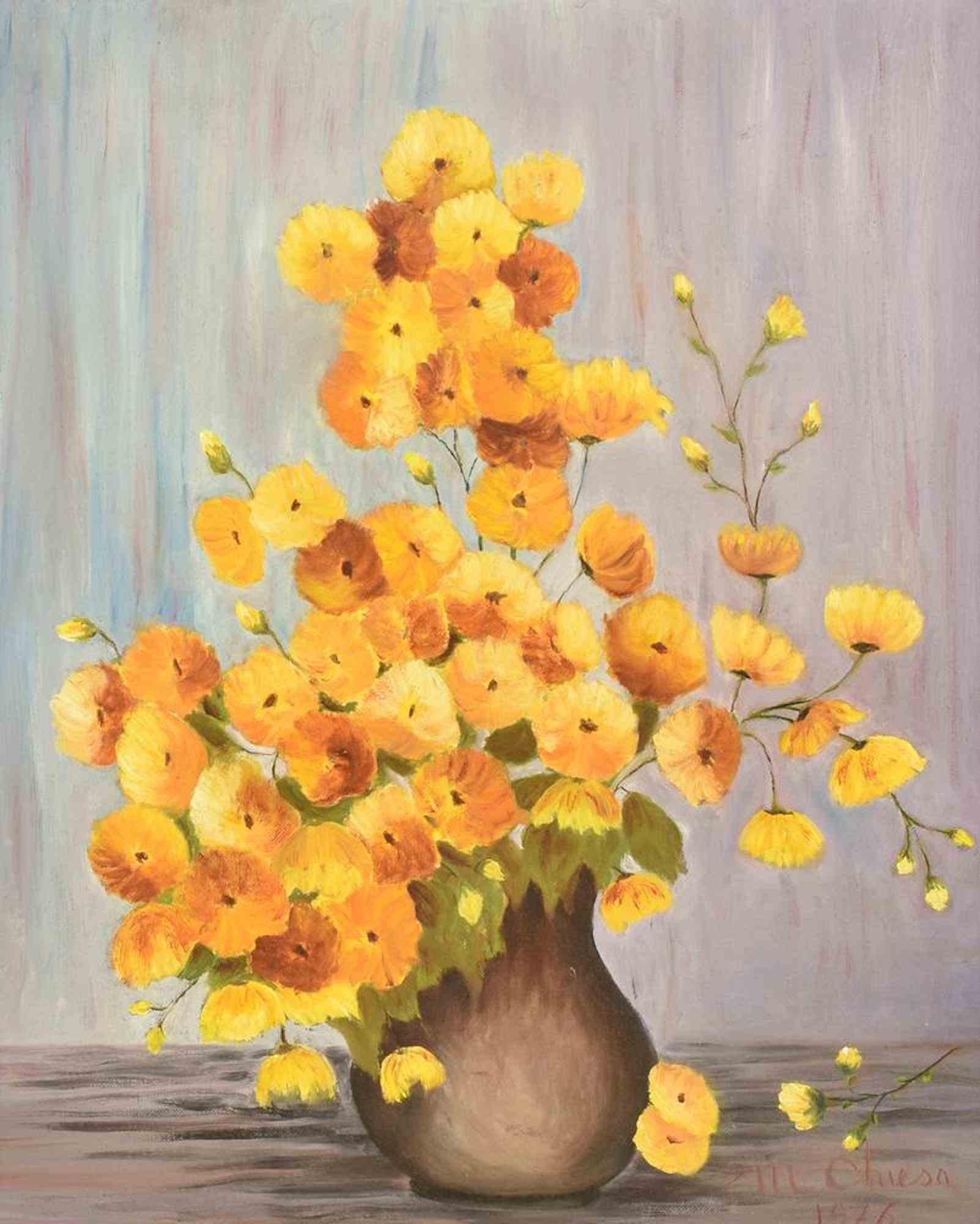 Pot à fleurs - Huile sur toile de Maurizio Chiesa - 1976