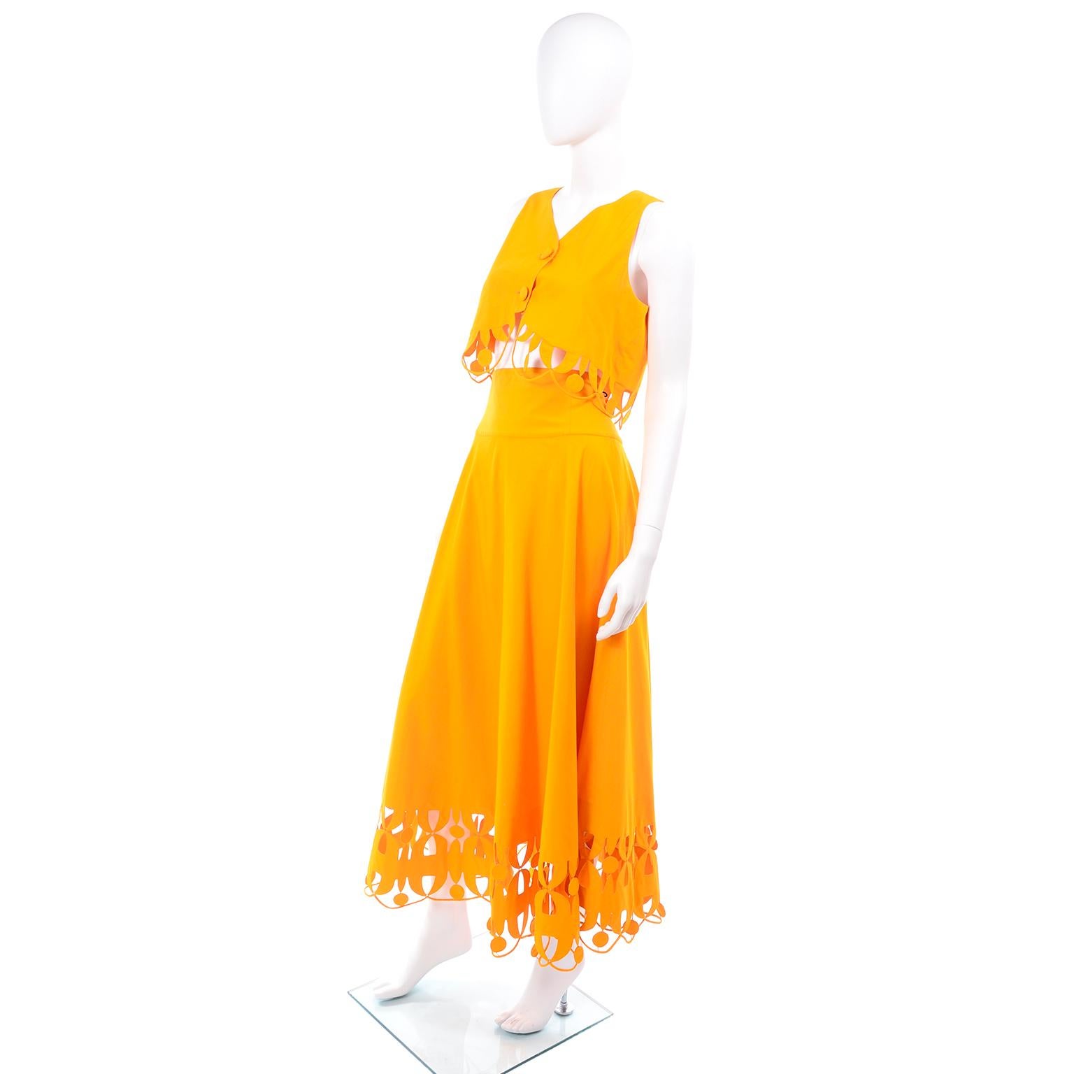 Maurizio Galante Marigold Yellow 1990s Cutwork Skirt & Crop Top 2Pc Dress In Excellent Condition In Portland, OR