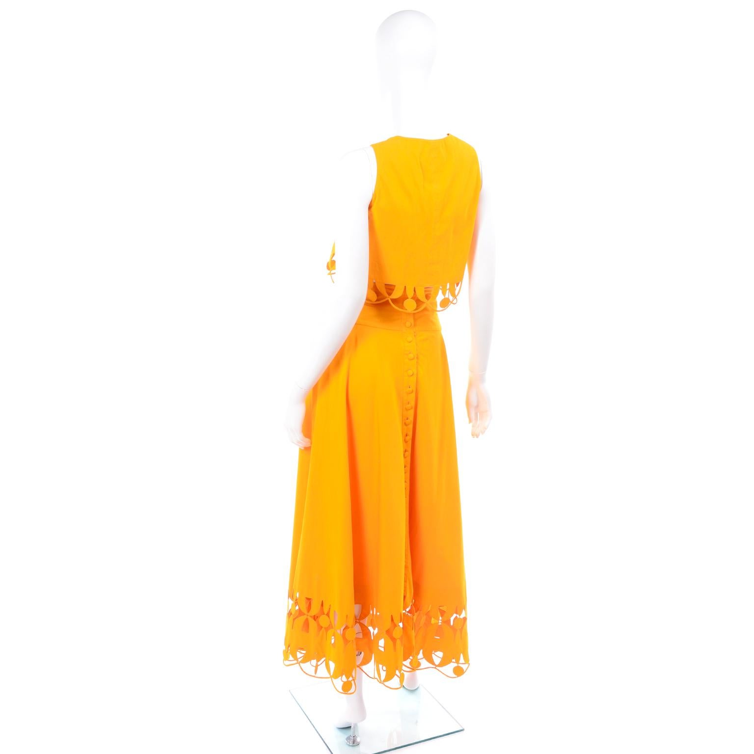 Women's Maurizio Galante Marigold Yellow 1990s Cutwork Skirt & Crop Top 2Pc Dress