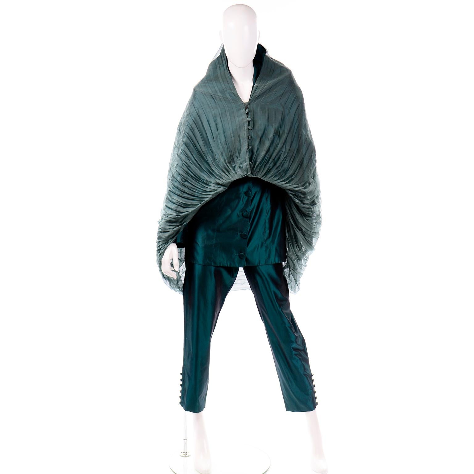 Maurizio Galante Vintage Green Silk Organza Pleated Cape Style Evening Top 5