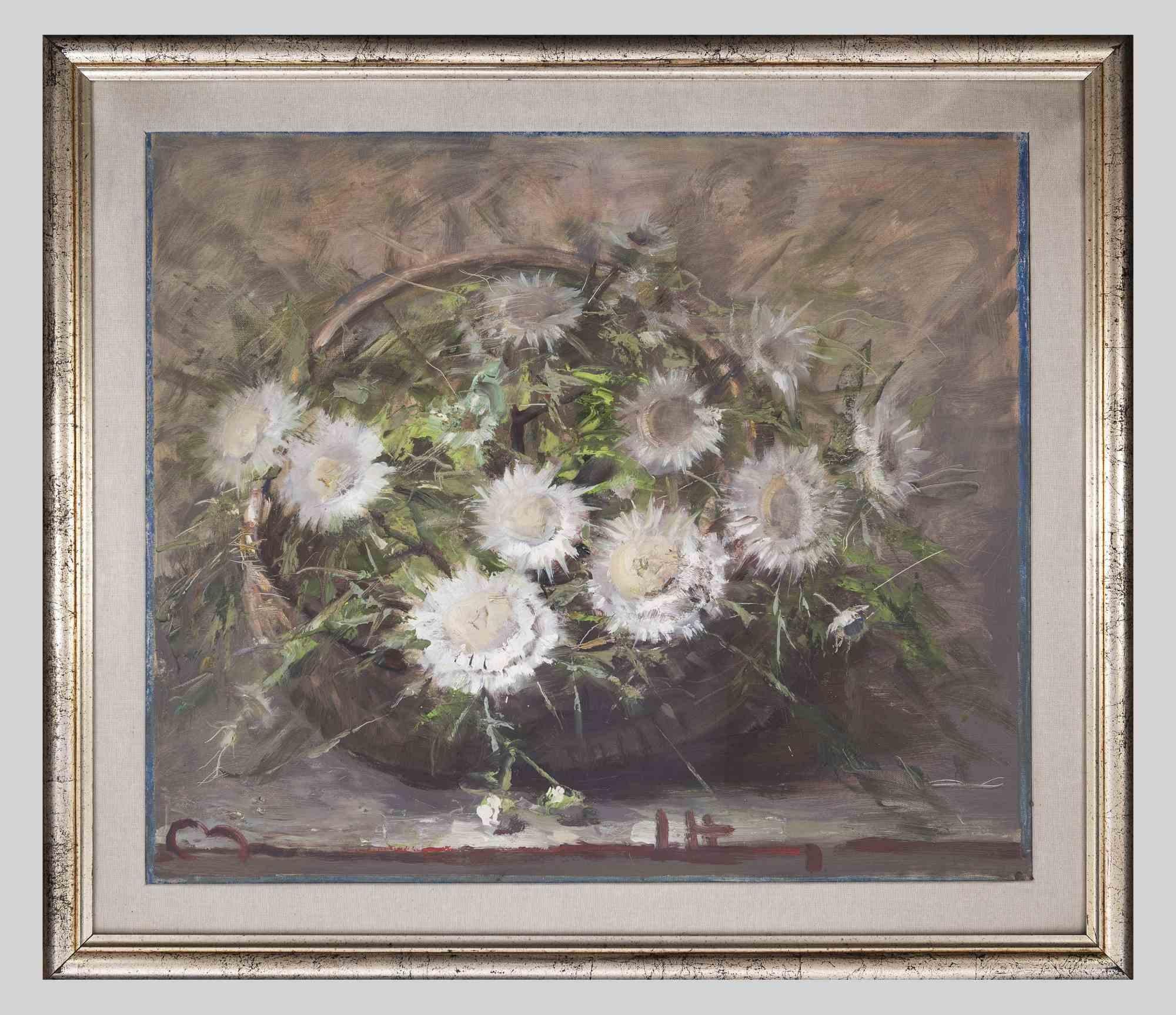 Figurative Painting di Maurizio Massi - Cesto di fiori - Olio su tela - Anni '90