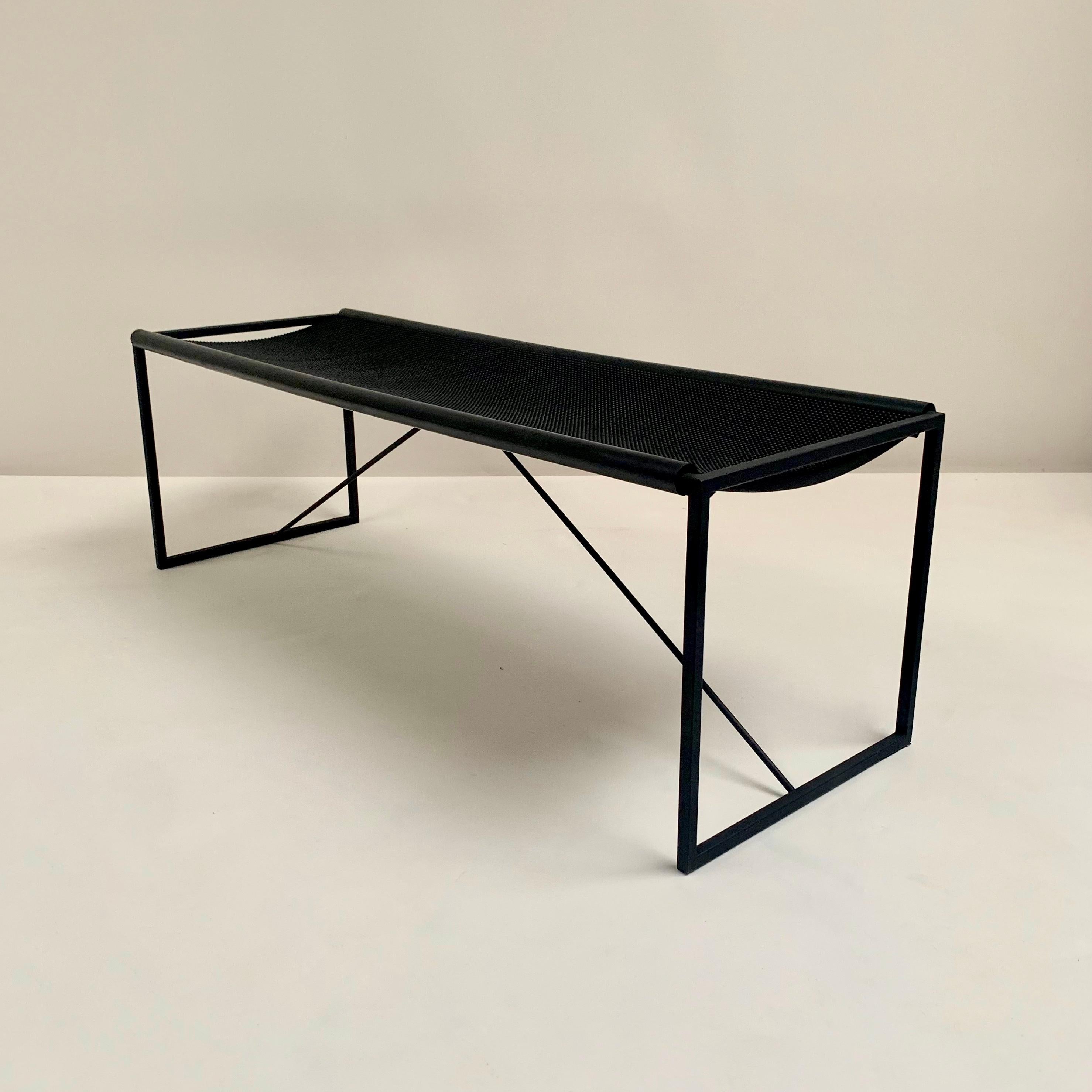 Rare Maurizio Peregalli Panca bench for Zeus, circa 1980, Italy.
Black steel square tube frame,  flexible seat in black thousand points rubber held on the long sides by extruded rubber sleeves.
Good original condition.
Dimensions: 120 cm W, 42 cm D,
