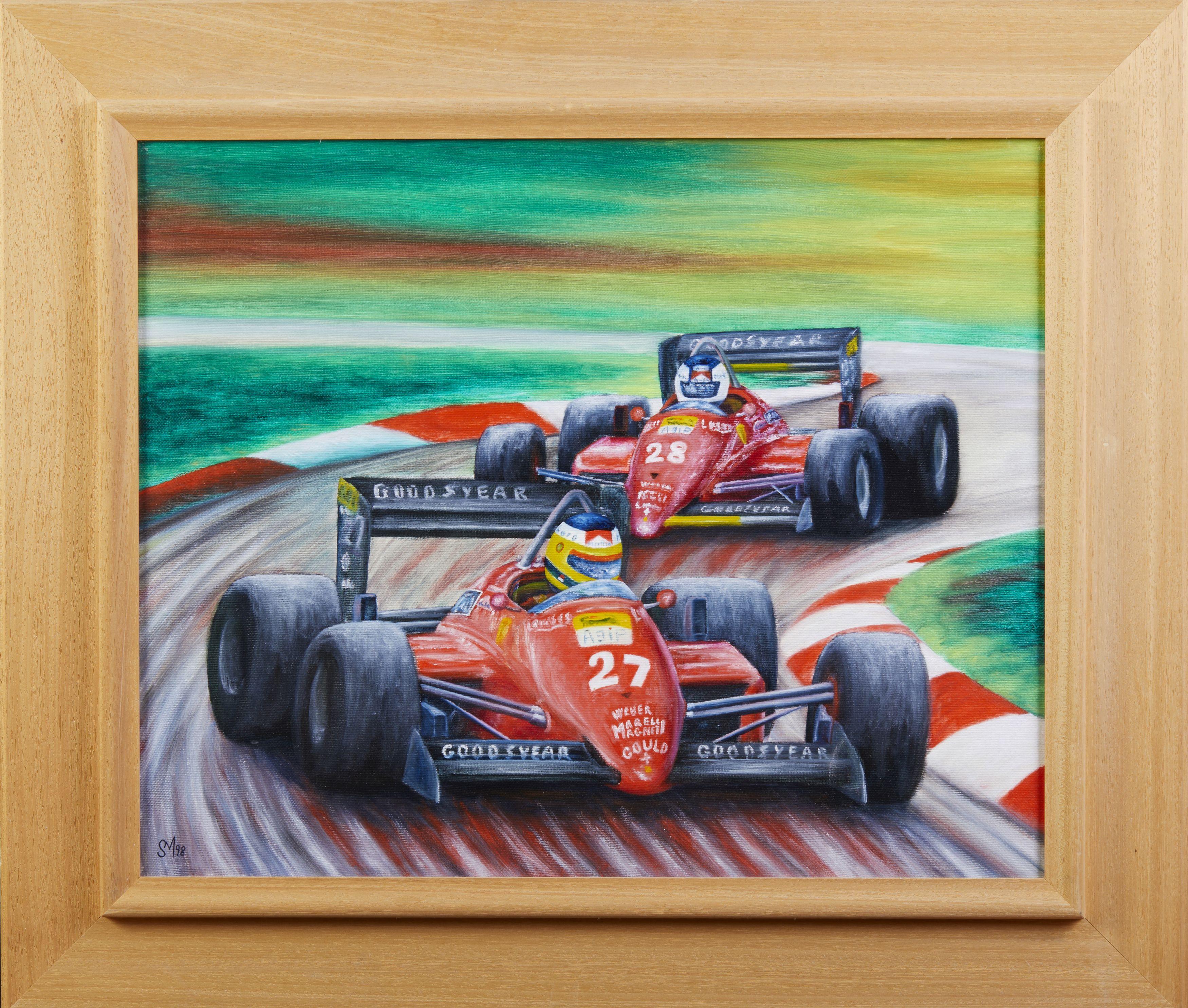 20. Jahrhundert F1 Grand Prix Maurizio Scarpari Rennwagen Ferrari Öl auf Leinwand Rot im Angebot 1