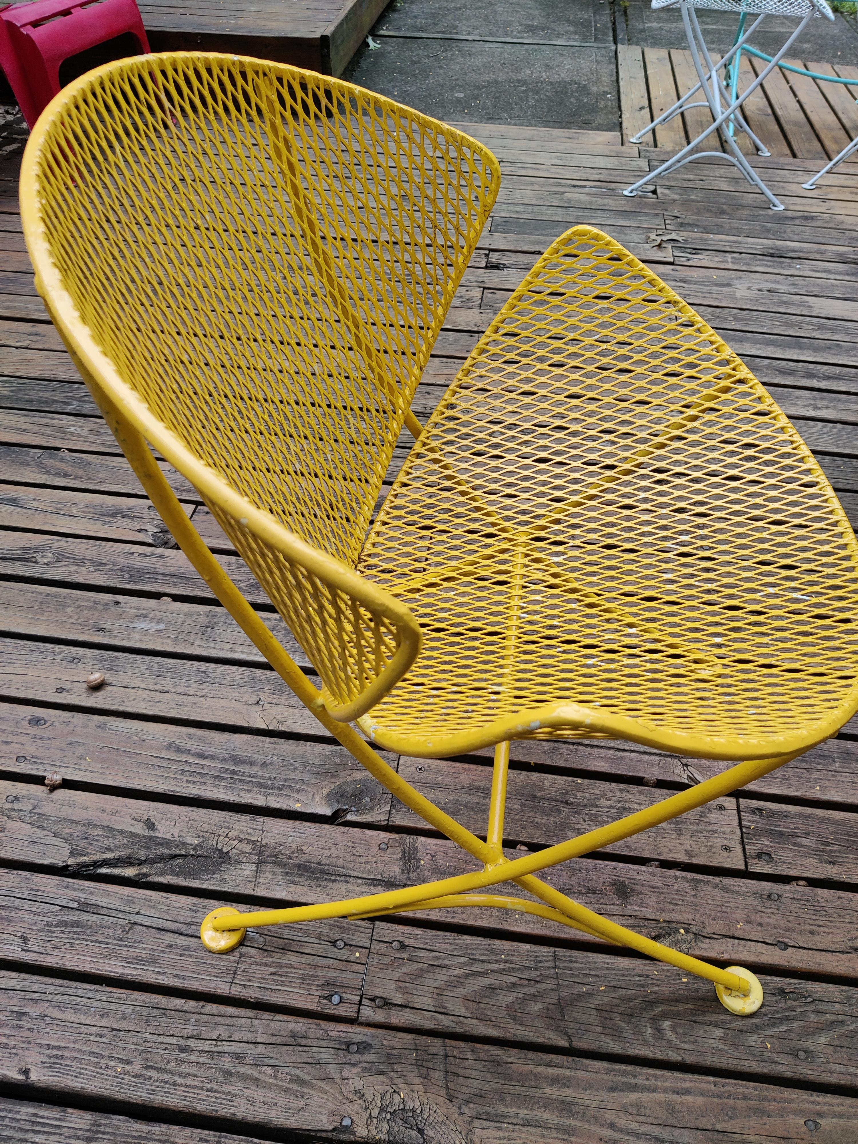 Maurizio Tempestini 1950's wrought iron patio set
Table and 4 clam shell chairs
Paint is peeling in some areas but is in great condition for age.  No rust. 
Chairs are 26.75 H in back, 22.25 across.   Seat slopes slightly lower in back
