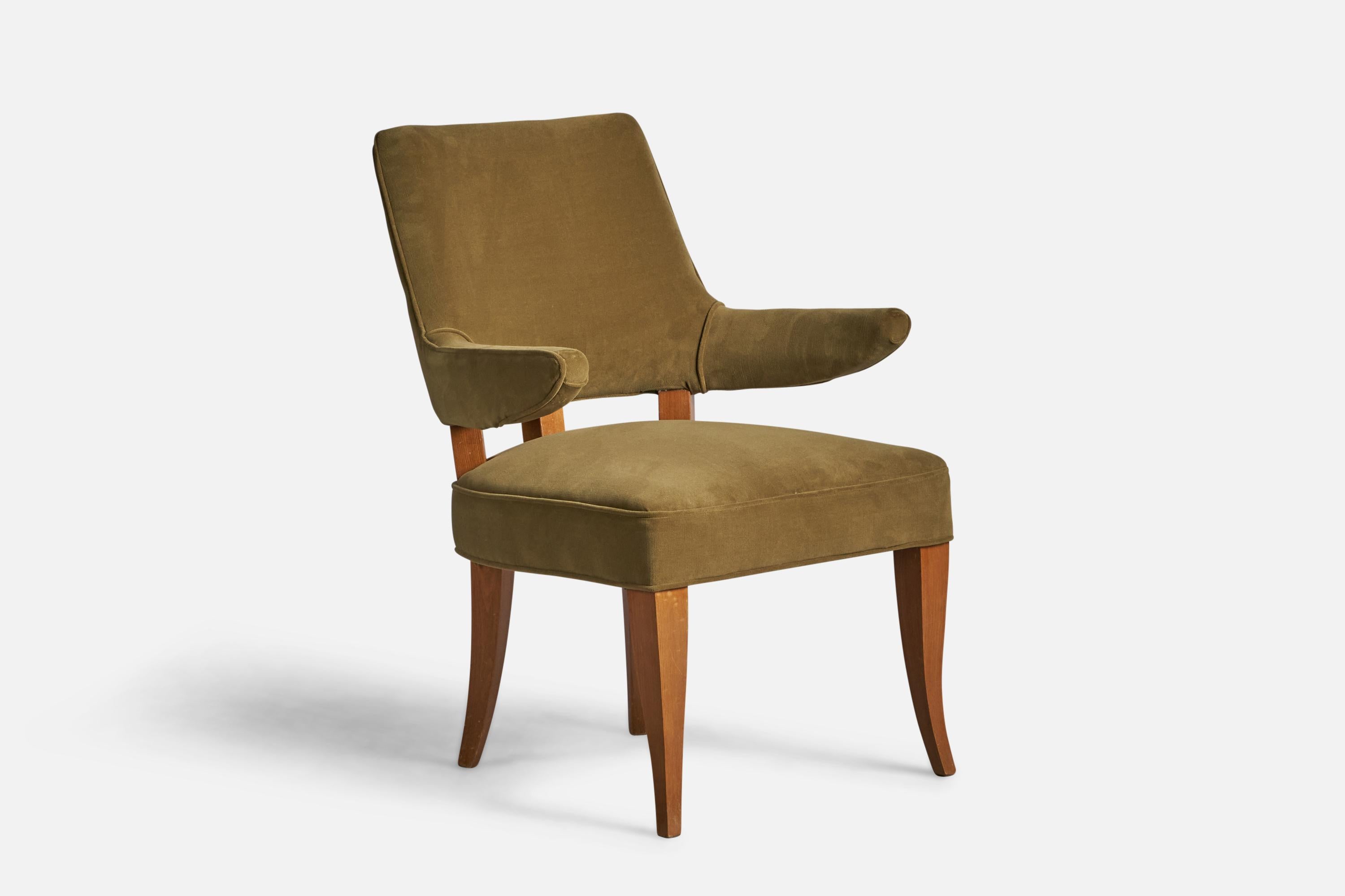 A wood and green velvet armchair designed and produced by Maurizio Tempestini, Italy, 1940s.

18” seat height