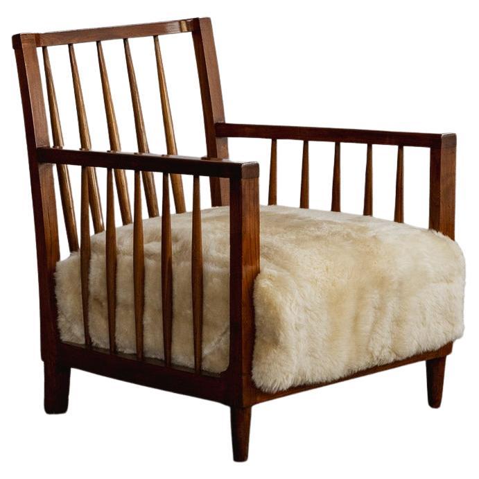 Maurizio Tempestini Armchairs, Cherrywood and Sheepskin, Italy, 1930s