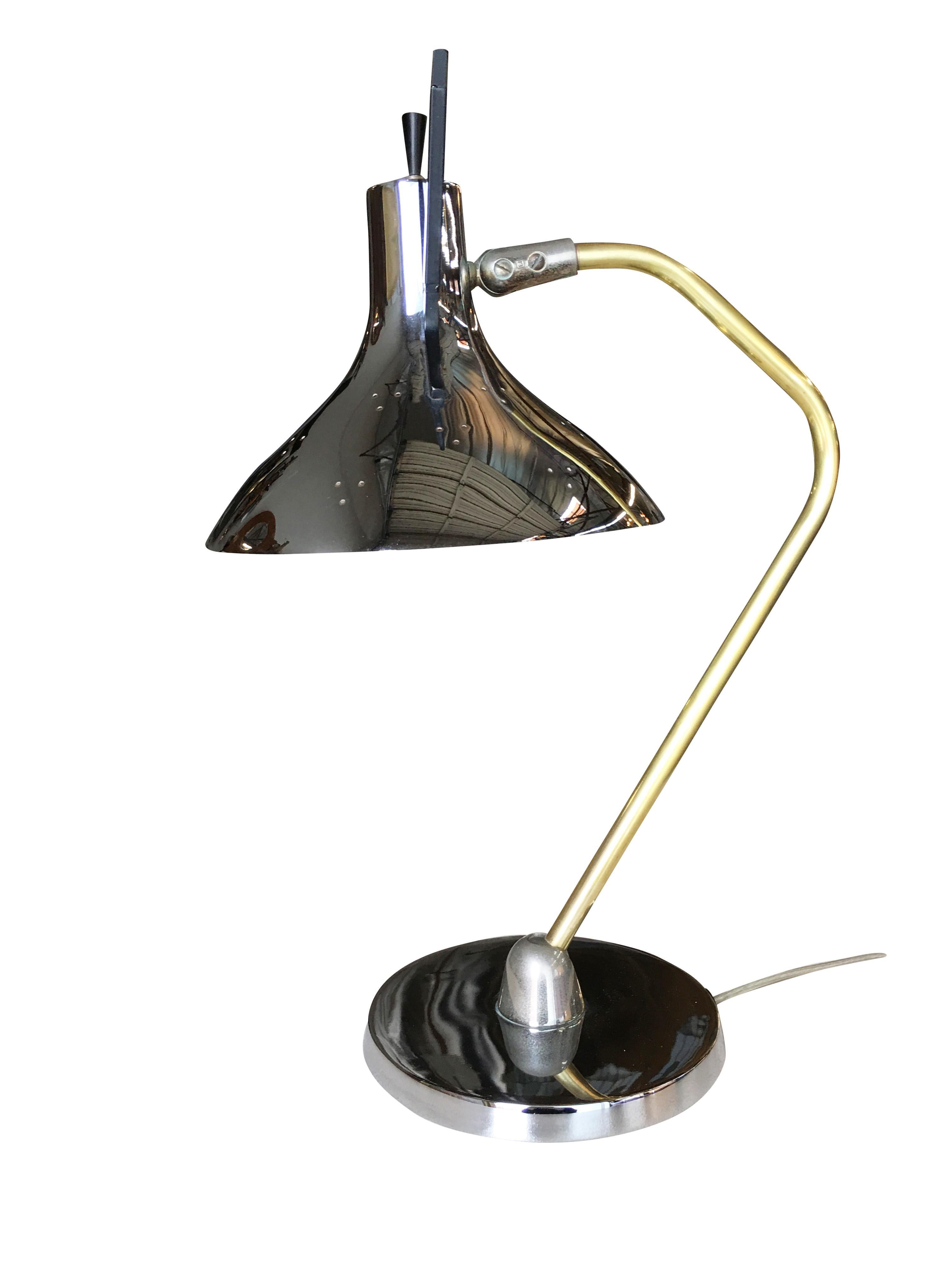 Mid Century Desk lamp By Prescolite plated in chrome with a two-ball joint Anglepoise brass neck. 

USA, 1950.