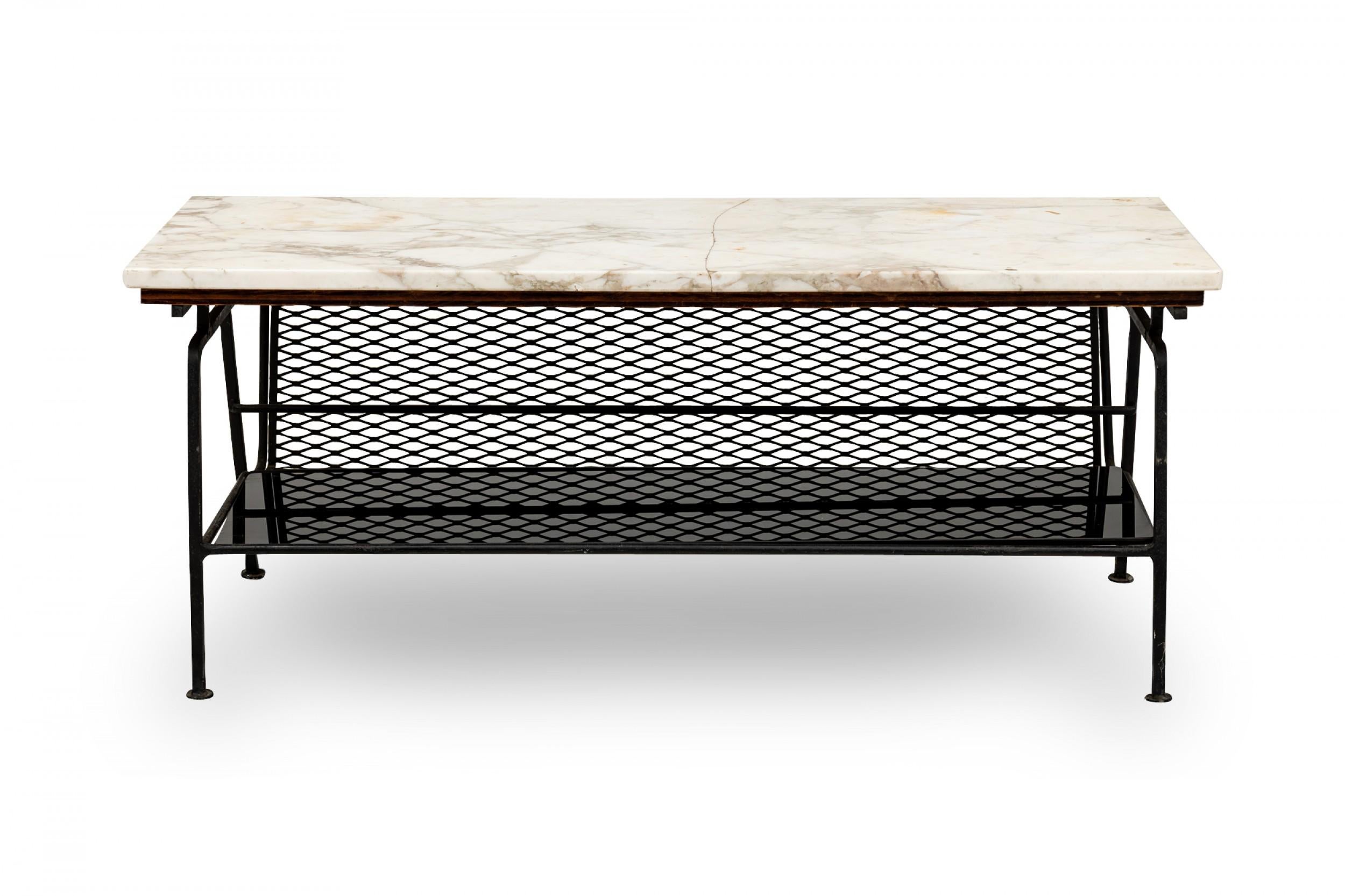 Midcentury 2-tiered black metal coffee table with built in lattice magazine rack basket, white marble top and lower black glass shelf. (Maurizio Tempestini FOR John Salterini).