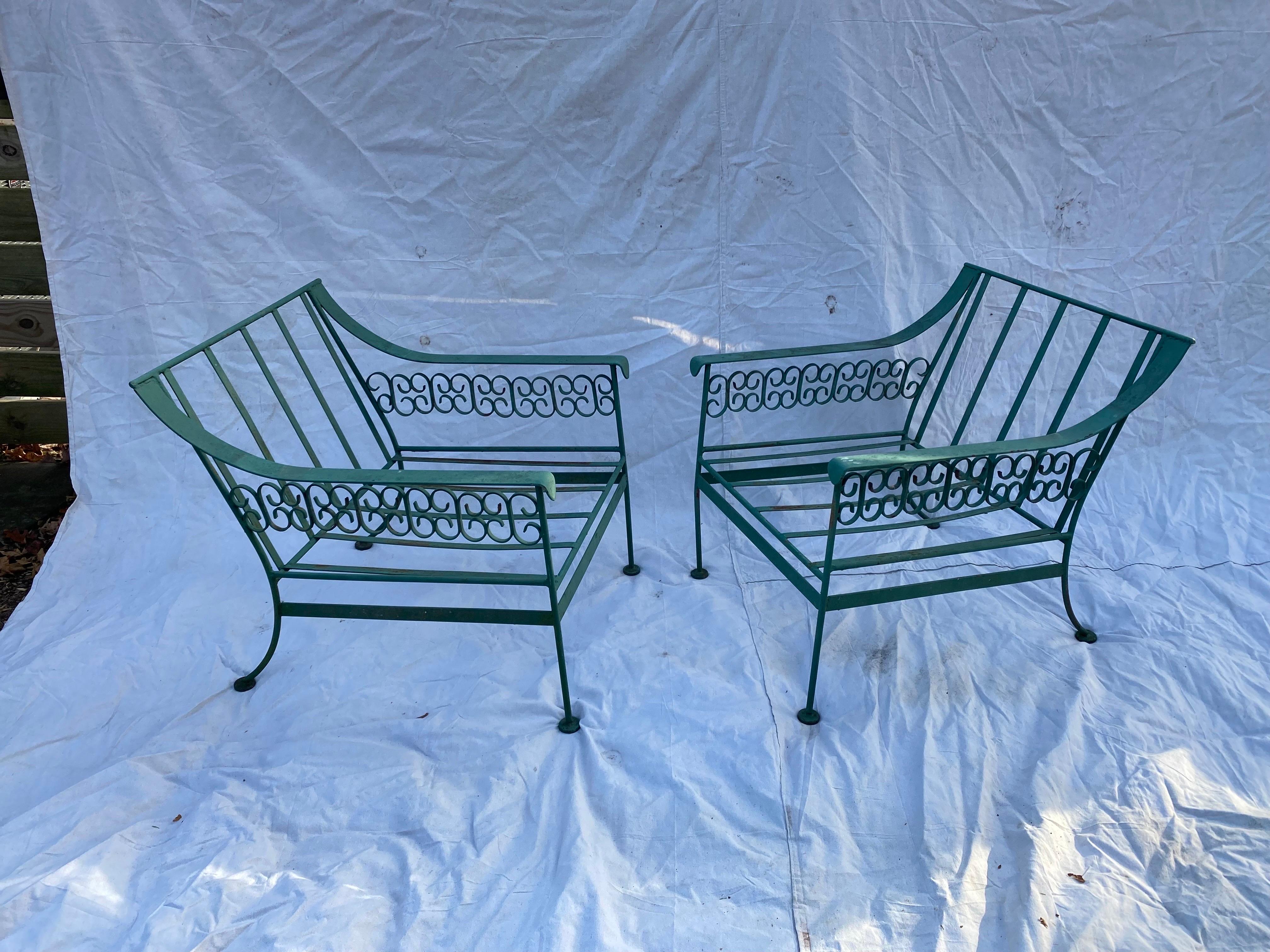 Arthur Umanoff for Shaver Howard Pair of  Lounge Chairs for the Grenada Collection.  We also have a Sofa, pair of End tables and a round Coffee Table available and listed separately.  Nice Condition with older green paint.  Cushions available as