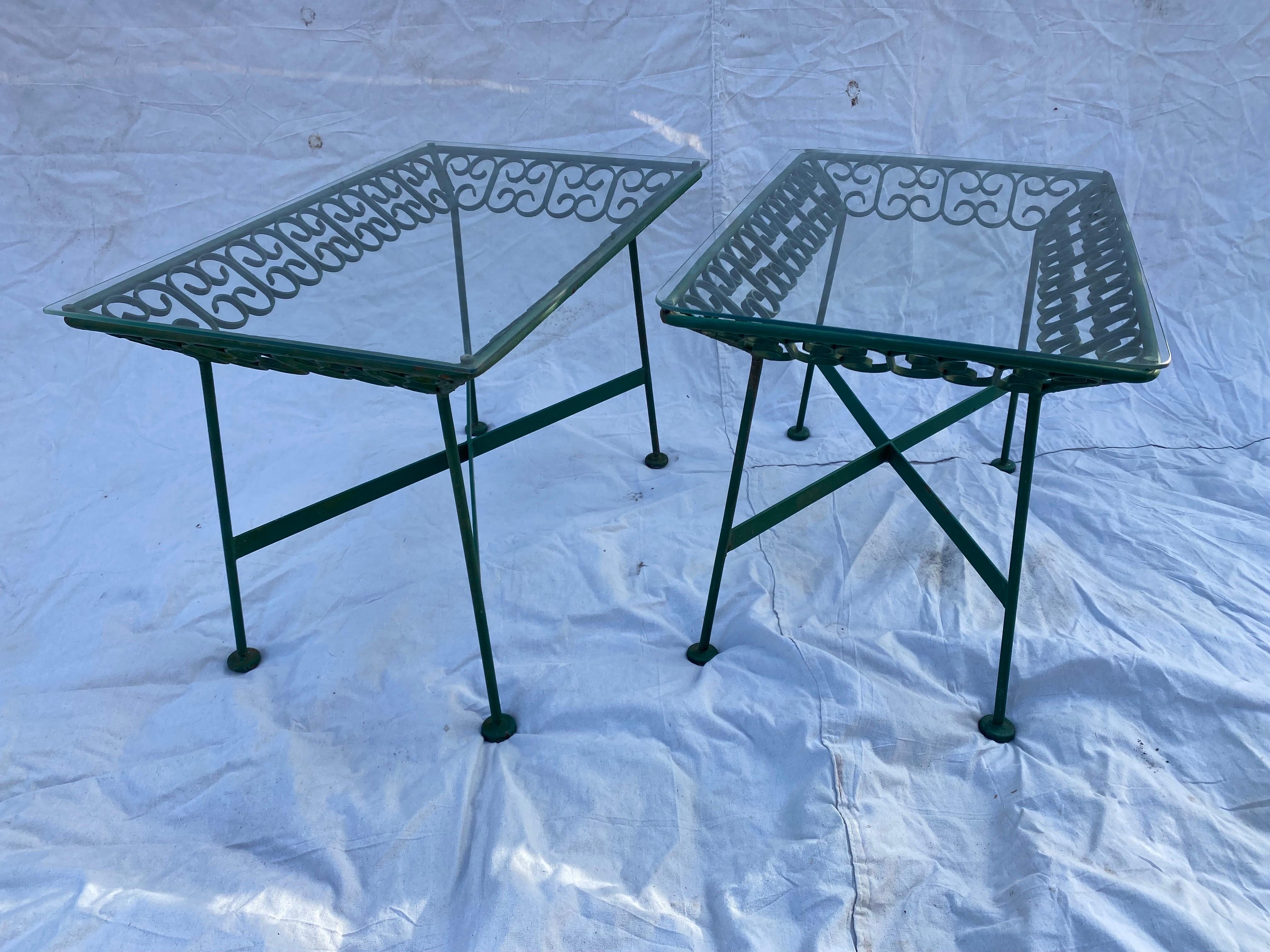 Arthur Umanoff for Shaver Howard Iron Side Tables with Glass tops, from the Grenada Collection.  Hard to find pair!  We have a Sofa, two Lounge Chairs, and a round Coffee Table Available!  Nice older green paint, metal in good shape, two new glass