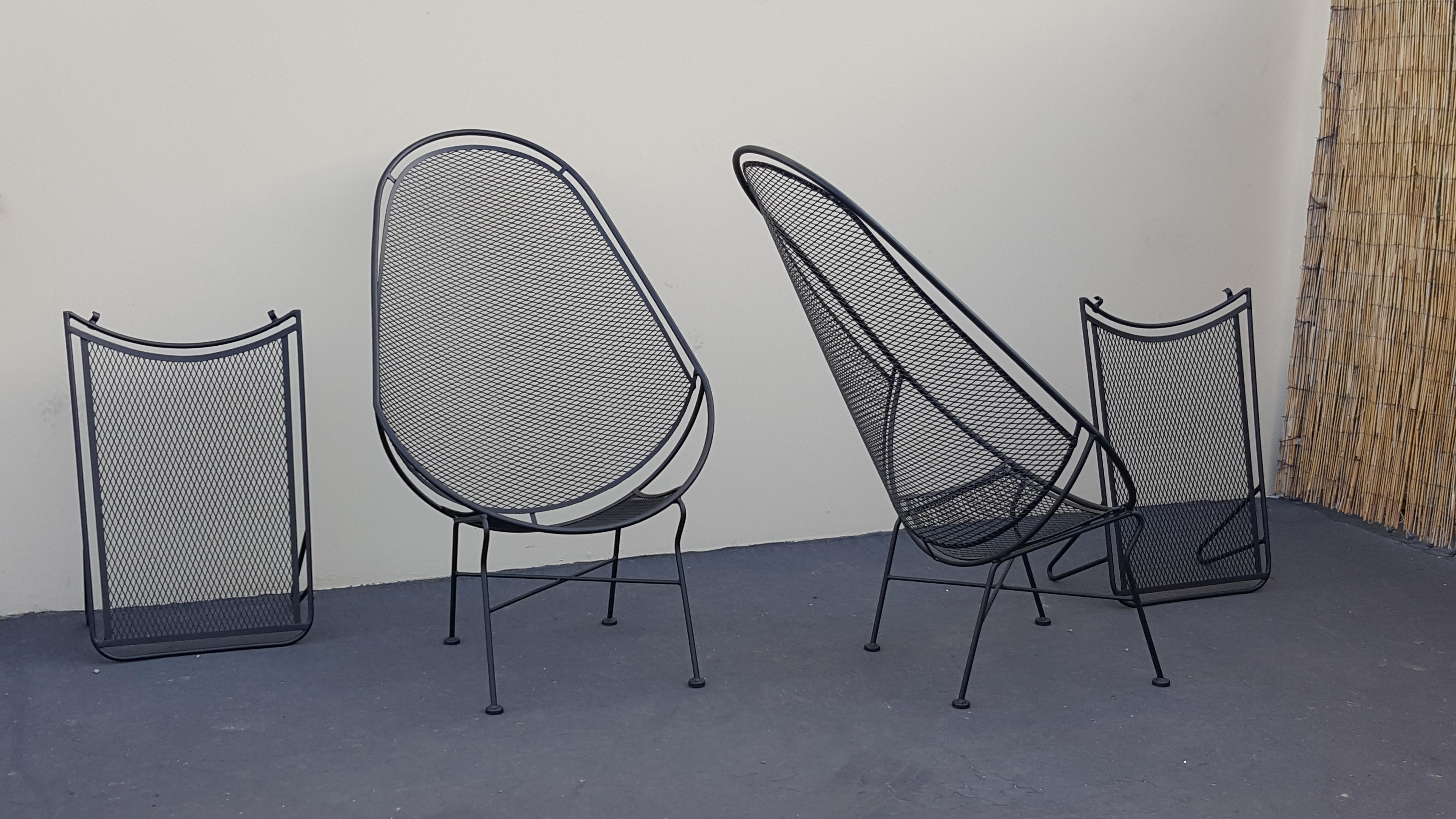 Maurizio Tempestini For John Salterini Black Metal High Back Lounge Chairs With Detachable Ottomans.
Each Salterini High Back Lounge Chair Has It's Own Ottoman, See Pics.
Excellent Vintage Condition With New Powder Coat In Semi Black.

Dimensions