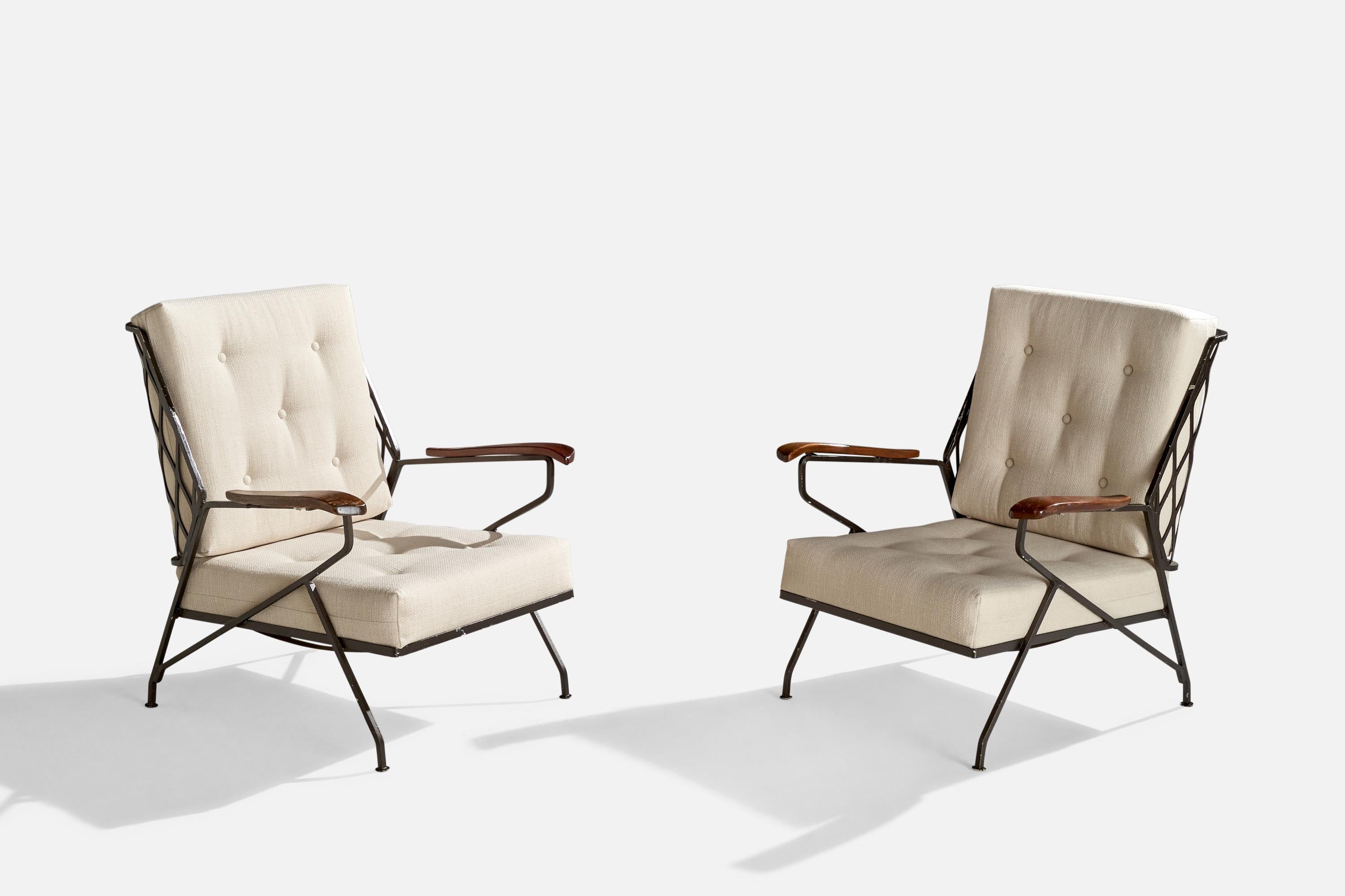 Pareja de sillones de salón de hierro fundido, arce teñido de oscuro y tela blanca, diseñados por Maurizio Tempestini y producidos por Salterini, EE.UU., c. 1950.

Altura del asiento 15