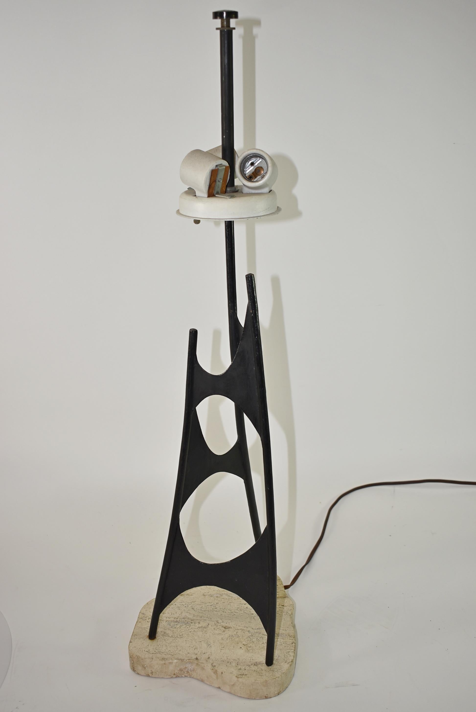 Maurizio Tempestini sculptural steel modern table lamp. Three socket light cluster. Painted black on a travertine base. New shade and diffuser.