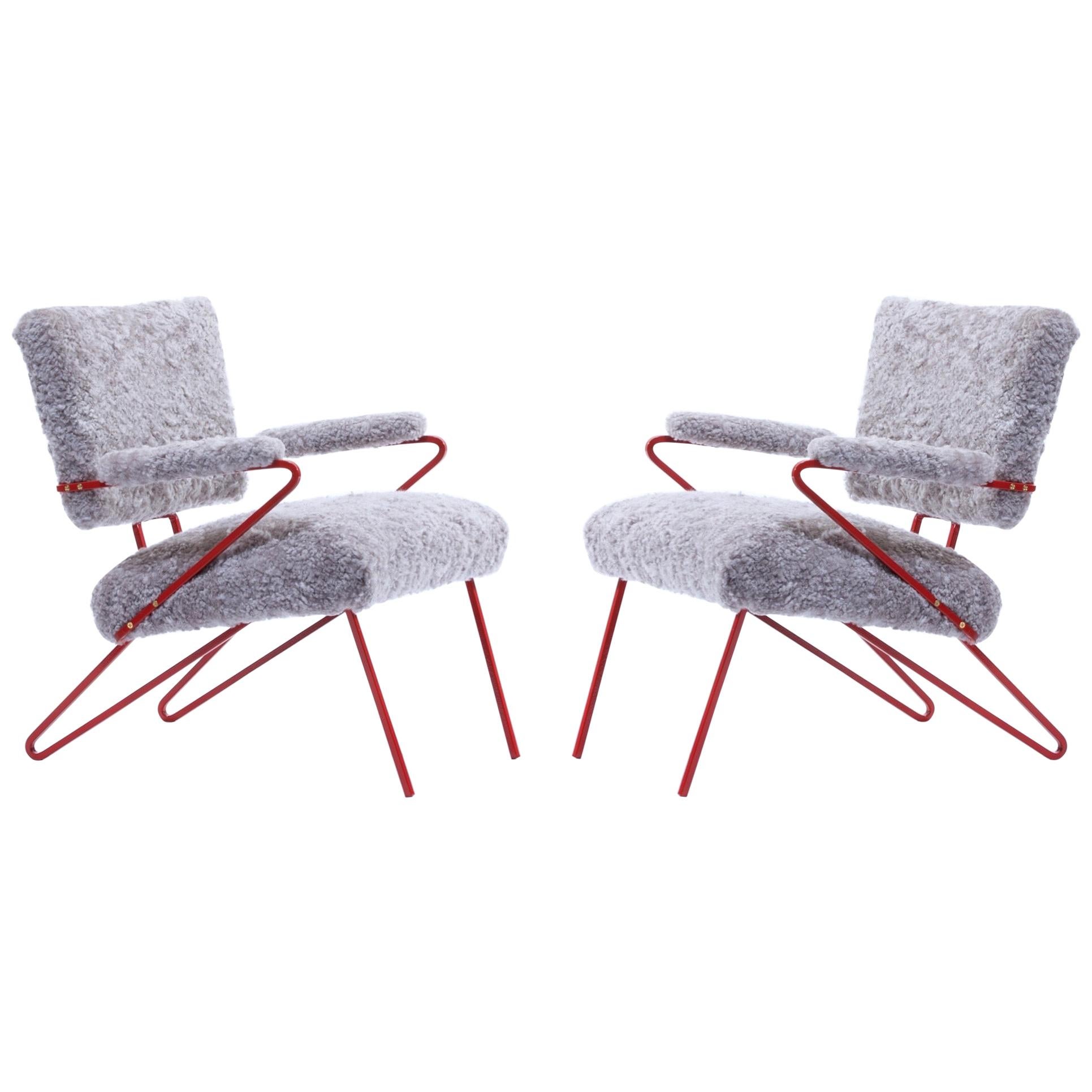 Maurizio Tempestini Style Red Iron and Shearling Lounge Chairs circa 1950, Pair