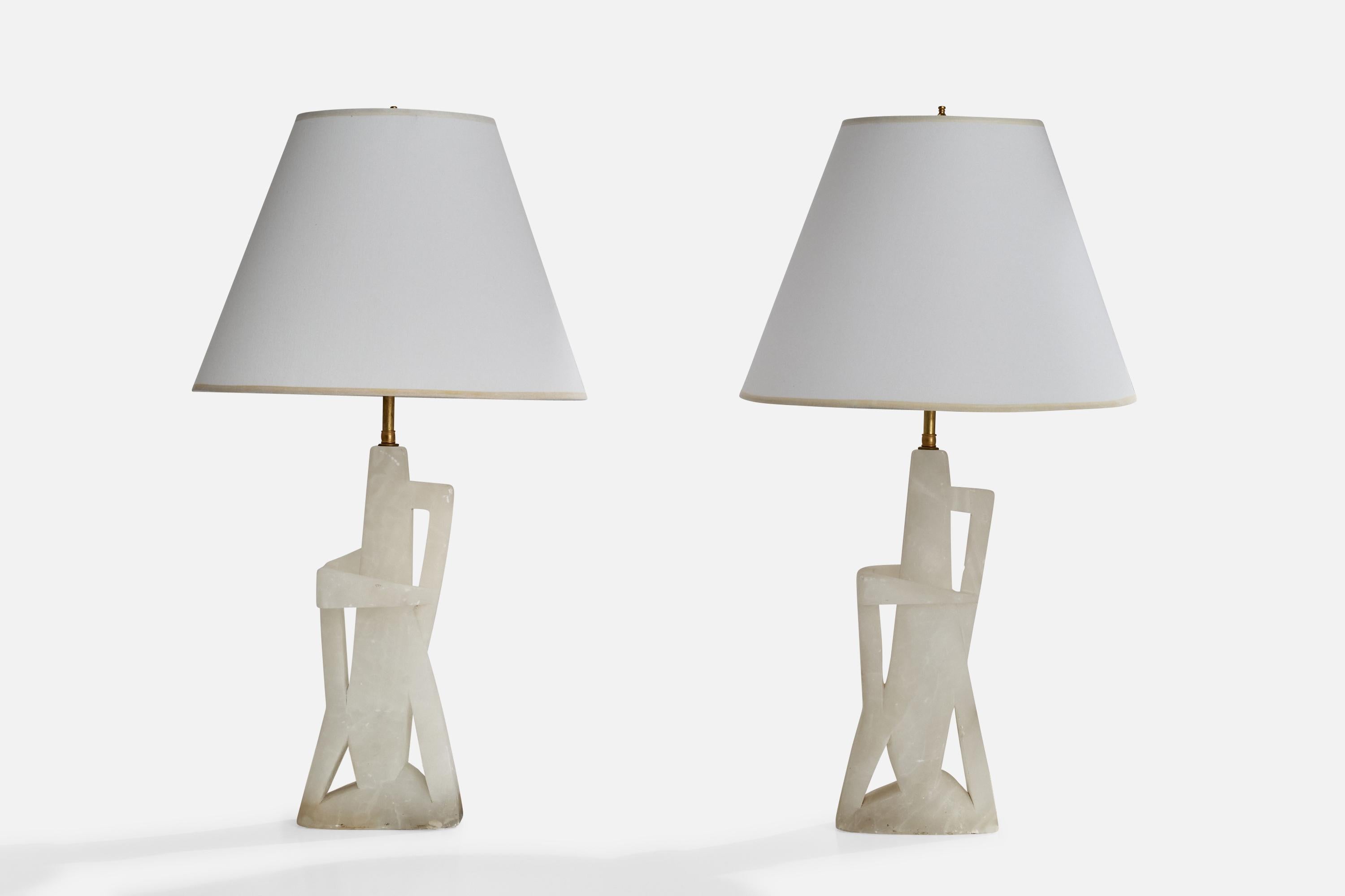 A pair of carved alabaster, white fabric and brass table lamps designed by Maurizio Tempestini, Italy, c. 1965.

Overall Dimensions (inches): 29” H x 16” D
Stated dimensions include shade.
Bulb Specifications: E-26 Bulb
Number of Sockets: 4
All
