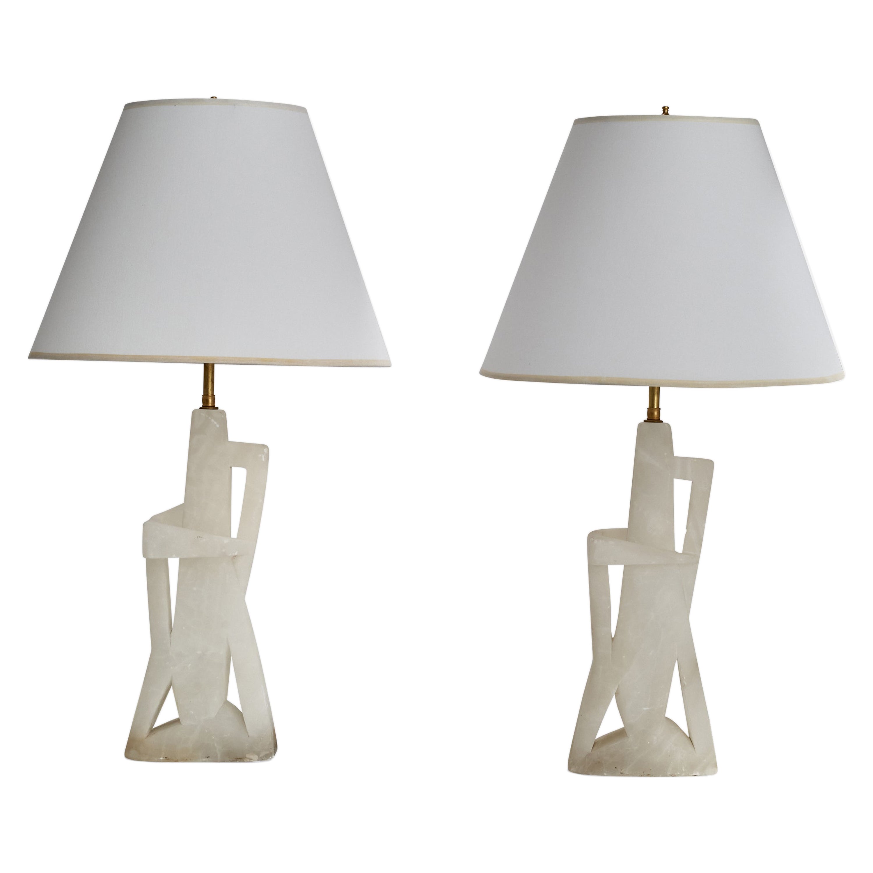 Maurizio Tempestini, Table Lamps, Alabaster, Brass, Fabric, Italy, 1965