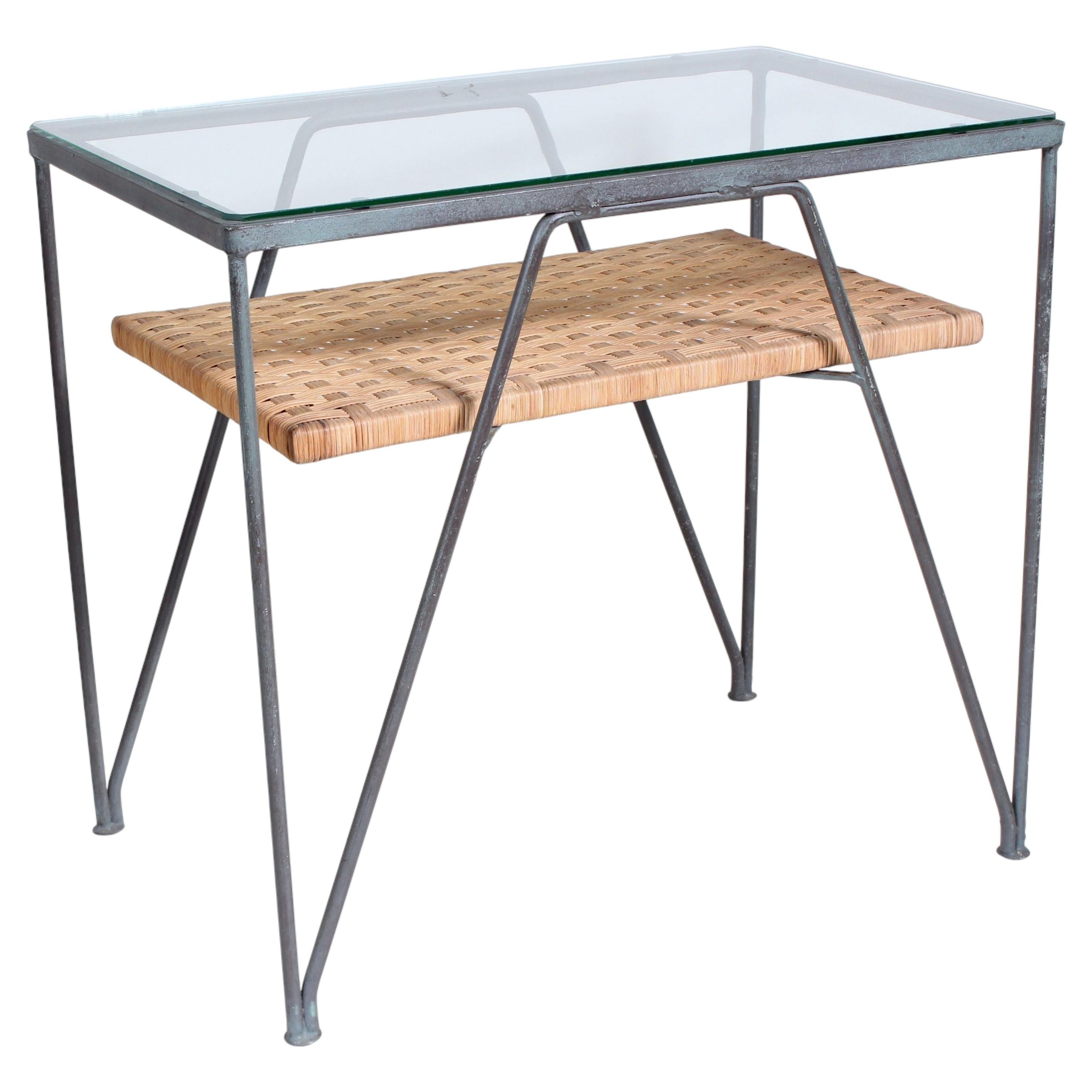 Maurizio Tempestini Two Tier Wrought Iron, Rattan & Glass Occasional Table For Sale